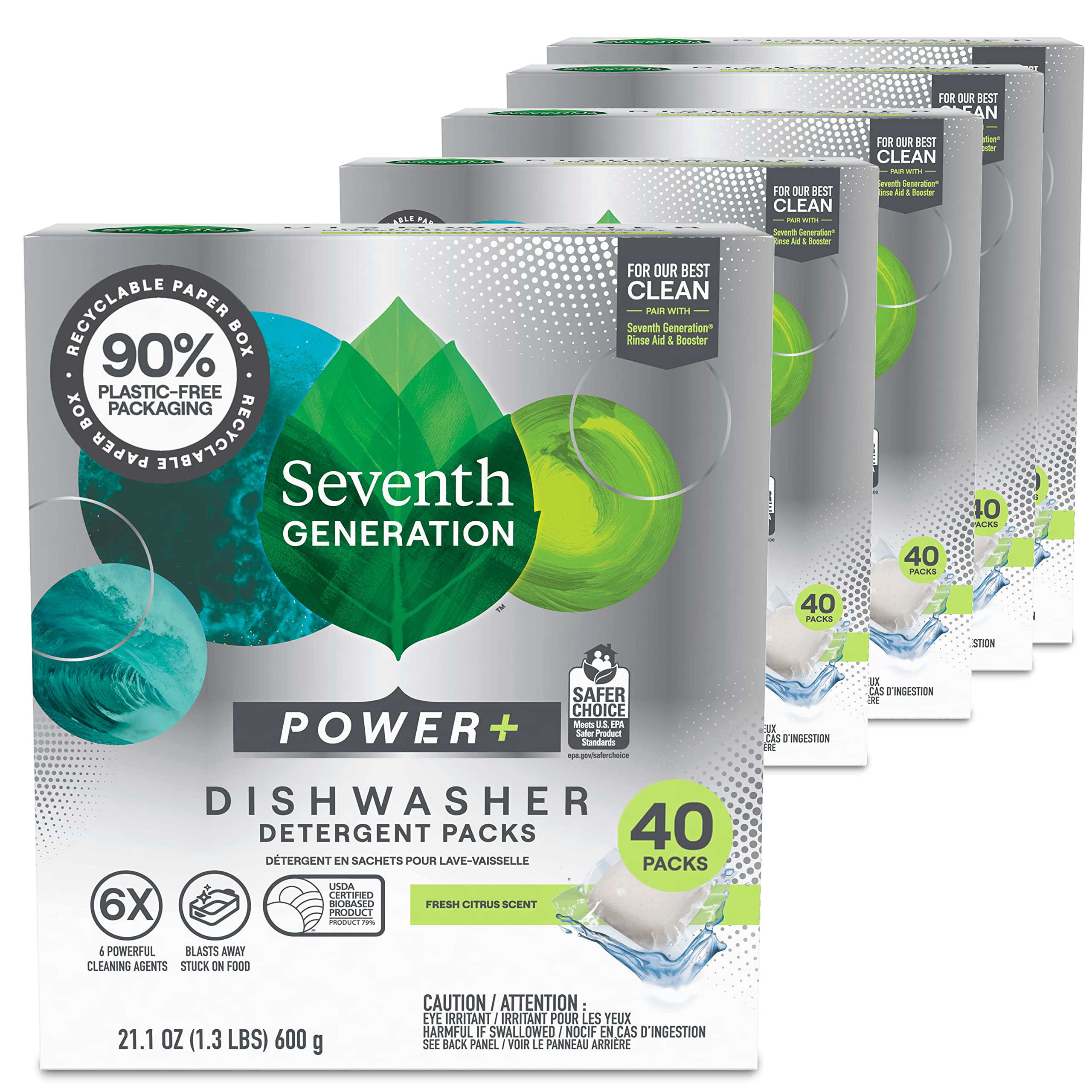 Seventh Generation Power Plus Dishwasher Detergent Packs - Fresh Citrus Scent, 40 Count (5 Packs) | Eco-Friendly, Plant-Based Formula for Sparkling Clean Dishes | Perfect for Everyday Use & Large Families