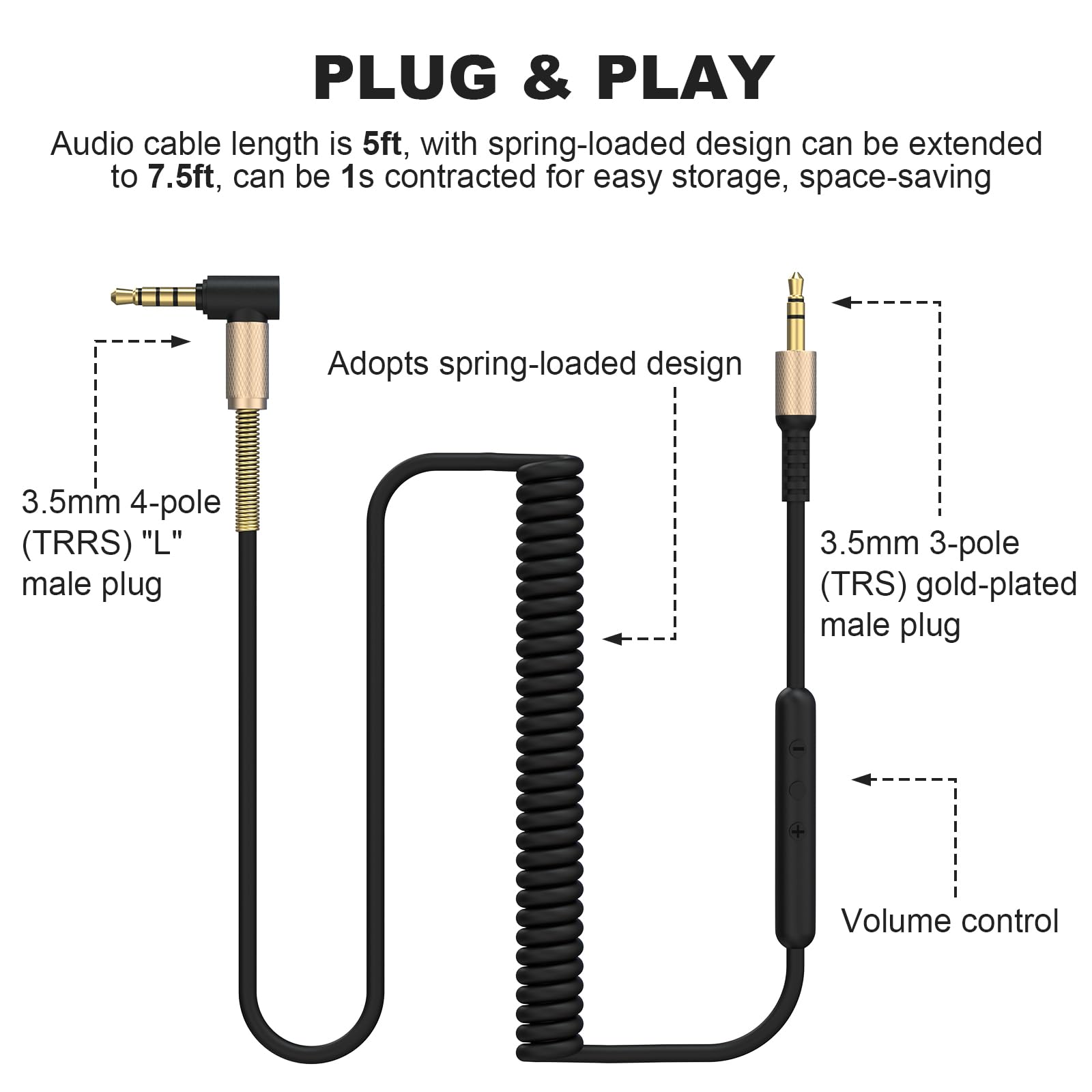 Premium 3.5mm Audio Cable with Mic - Compatible with Marshall Major II, III, IV, V & Monitor II ANC Headphones (5-7.5ft) - Perfect for Gaming, Music, and Conference Calls
