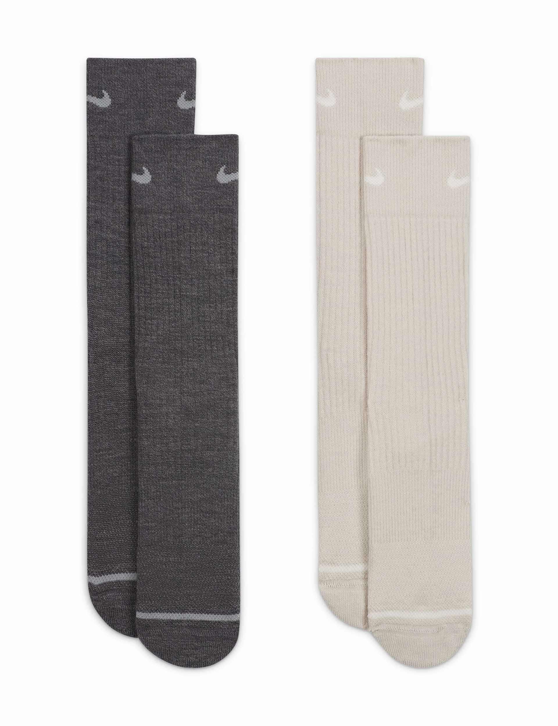 Premium Wool Cushioned Crew Socks for Men & Women - 2 Pairs Pack (Grey/Beige) - Soft & Breathable Everyday Socks for Work, Hiking & Cold Weather Comfort