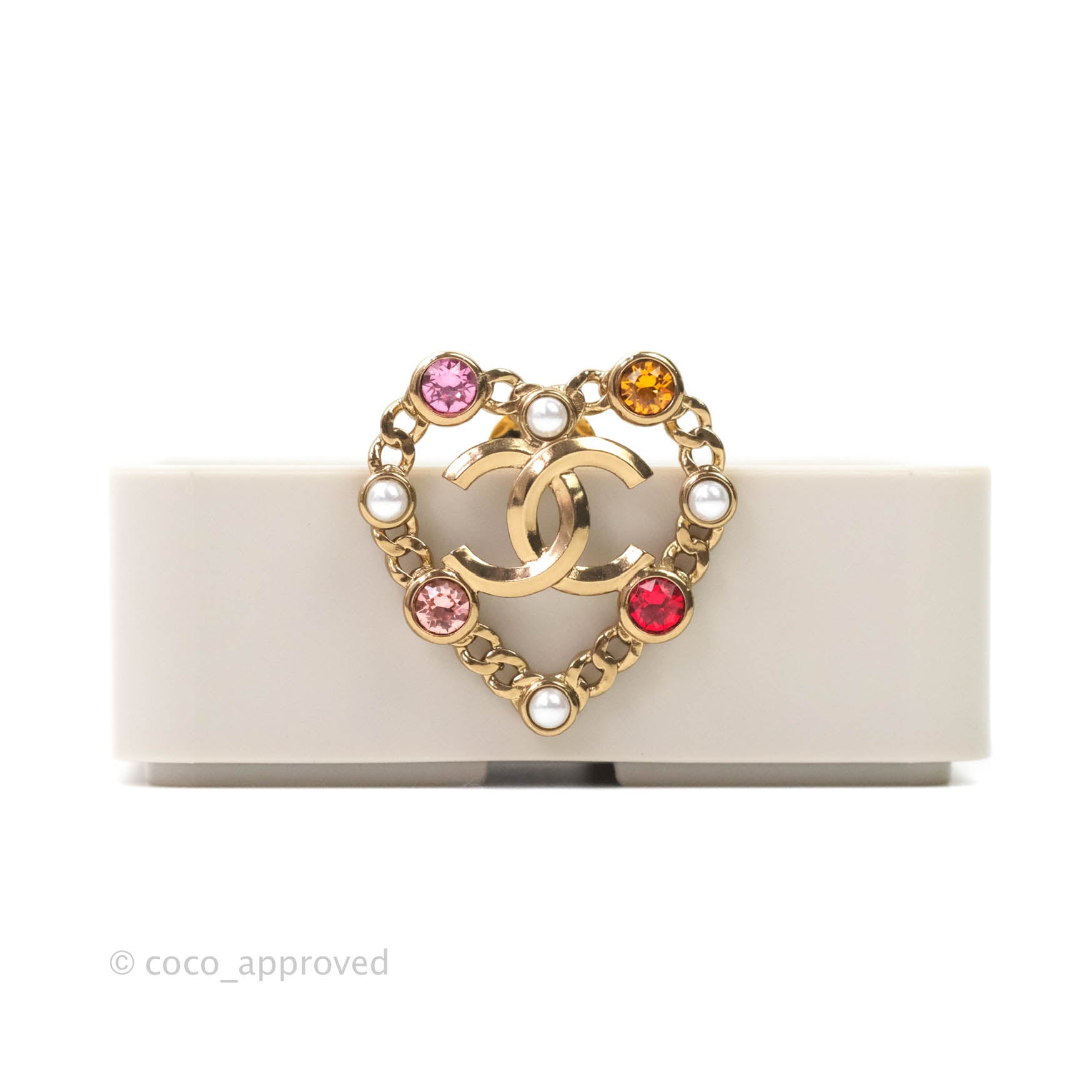Chanel CC Pearl Rhinestone Heart Pin Brooch Gold Tone 21P - Elegant Fashion Accessory for Women, Perfect for Dresses, Jackets & Special Occasions