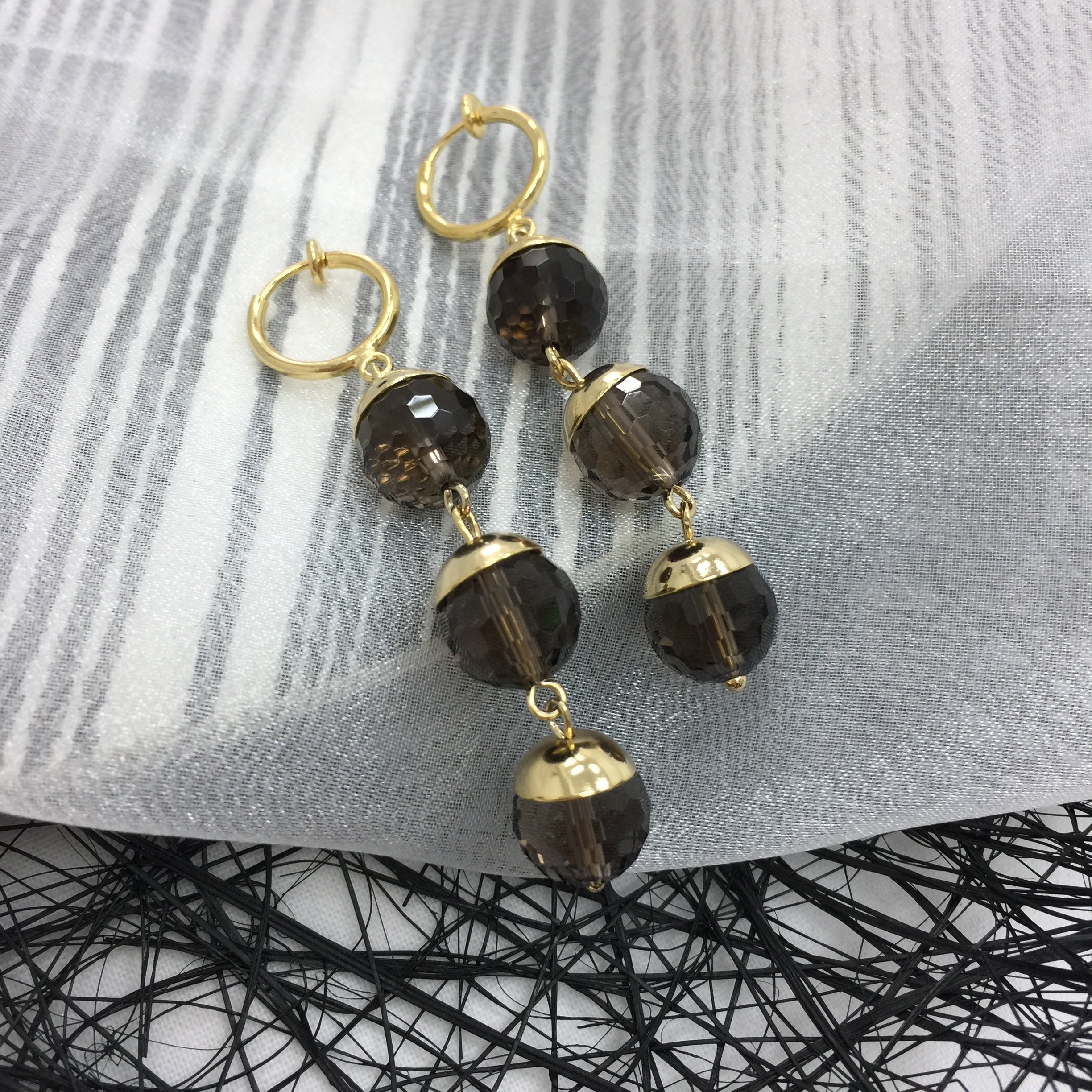 Black Smoky Quartz Clip-On Earrings for Women - Elegant Non-Pierced Earrings for Parties & Special Occasions - AE018