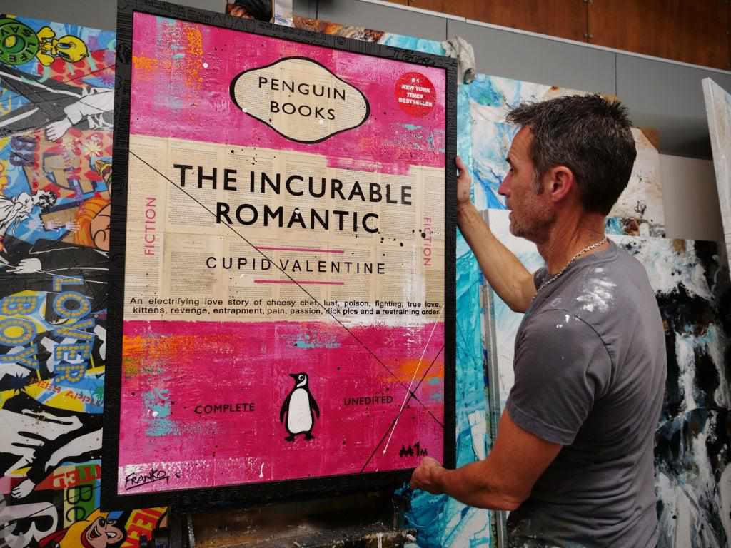 The Incurable Romantic - 75cm x 100cm Urban Pop Art Book Club Painting with Custom Etched Frame - Perfect for Living Room Decor, Bedroom Wall Art & Book Lover Gifts