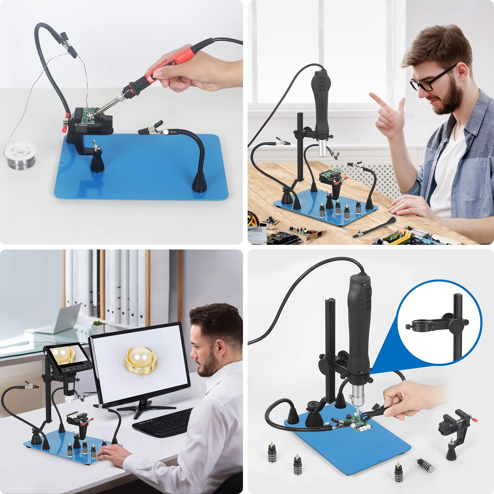 Magnetic Soldering Helping Hands with 2-in-1 Heat Gun Holder & Flexible Arms - Third Hand Tool for Welding, PCB Repair, Hobby Crafts - Perfect for Electronics Workbench & DIY Projects