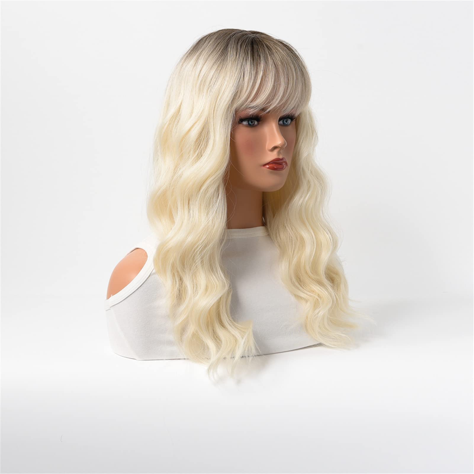 Heat Resistant Synthetic Wavy Hair with Flat Straight Bangs - Perfect for Cosplay, Costumes & Everyday Styling