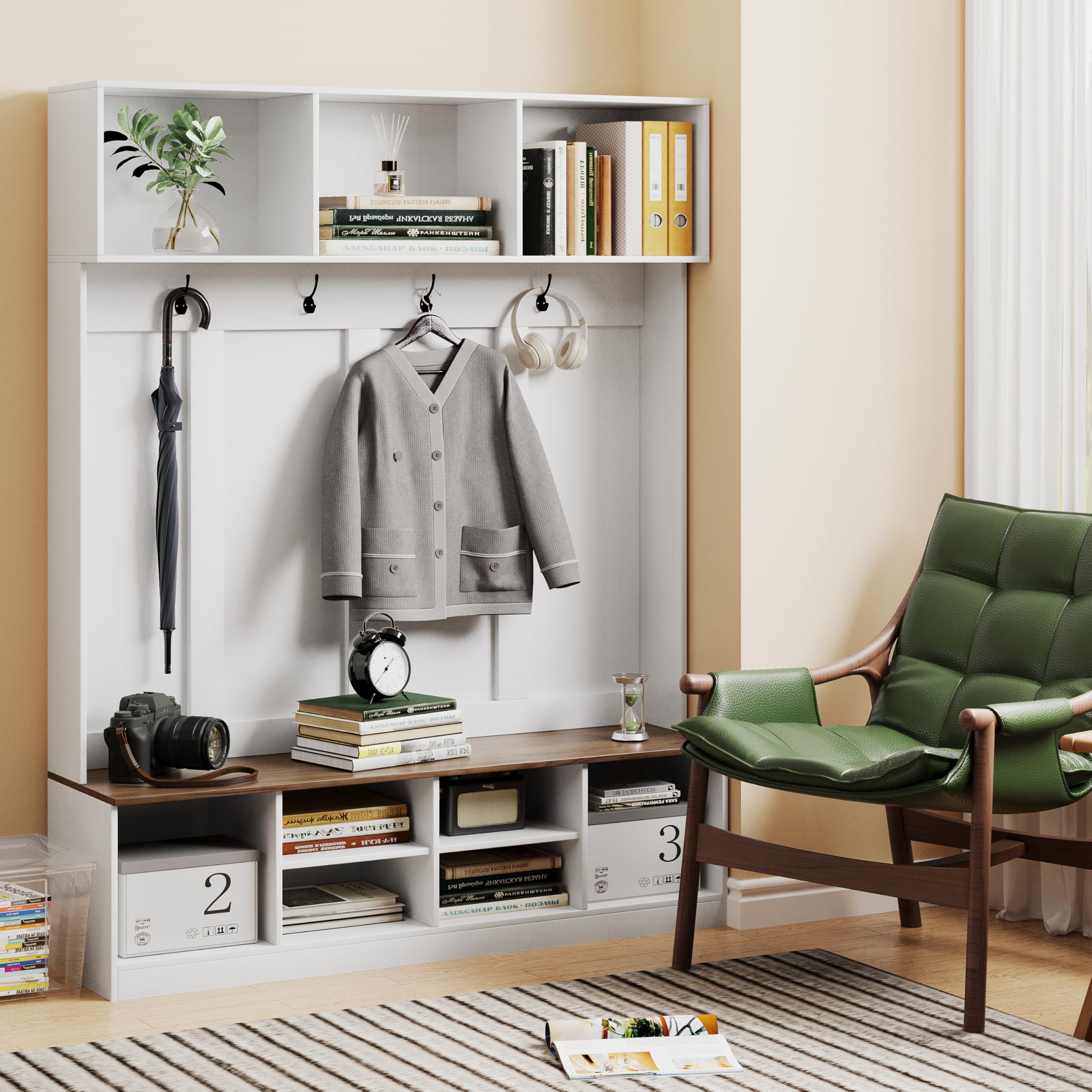 HAOBO Entryway Hall Tree with Bench & Shoe Storage - Adjustable Coat Rack, Open Shelves & Hanging Hooks - Perfect for Mudroom, Hallway & Home Organization - Space-Saving Entry Cabinet for Coats, Shoes & Accessories