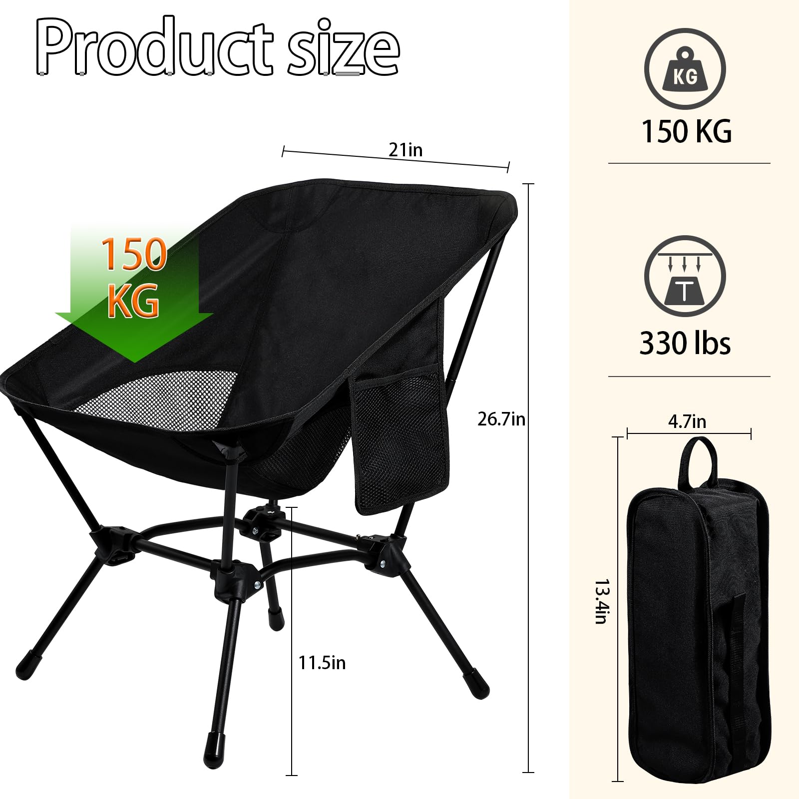 Ultralight Portable Folding Camping Chair for Adults - Compact Beach Lawn Chair with Storage Pocket - Outdoor Backpacking Chair for Travel, Picnic, Hiking & Beach - Supports 330 lbs - Perfect for Camping Trips, Backyard Relaxation & Outdoor Adventures
