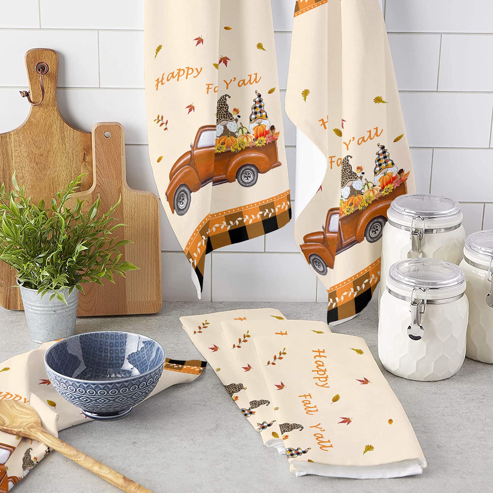 Premium Microfiber Kitchen Towels Set of 4 - Super Absorbent & Reusable Dish Towels (18x28 Inch) - Thanksgiving Truck with Pumpkin Gnome Design in Orange Black Plaid - Perfect for Drying Dishes, Cleaning Countertops & Holiday Kitchen Decor