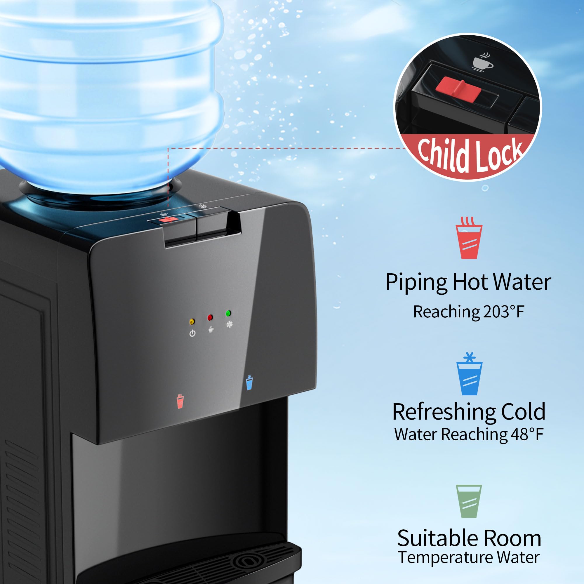 Top Loading Hot and Cold Water Dispenser with 3 Temperature Settings - 3/5 Gallon Bottle Water Cooler with Removable Drip Tray & Child Safety Lock - Perfect for Home, Office, Kitchen, and Living Room Hydration Needs