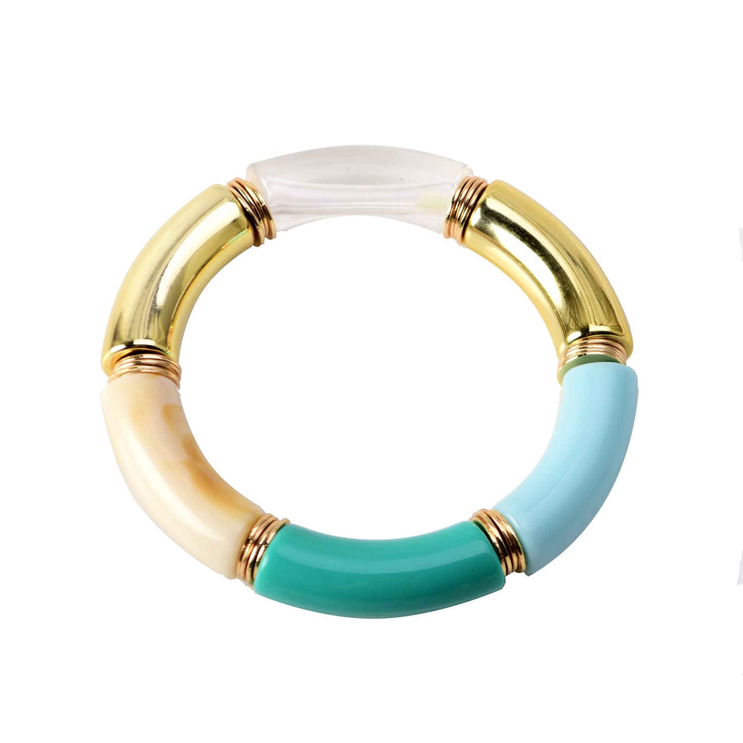 Stylish Bamboo Tube Bangles Bracelet - Chunky Curved Stacking Clear Acrylic Colorful Beads Stretchable Friendship Gold Bracelet for Women | Perfect for Boho Fashion, Layered Jewelry & Gift Giving