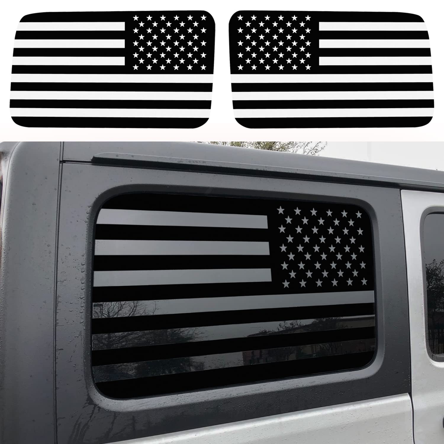 Black US Flag Window Decals for 2018-2021 Jeep Wrangler JL JLU & Gladiator JT - Exterior Stickers Cover Trim Accessories (2-Pack) - Perfect for Patriotic Car Decor and Off-Road Adventures