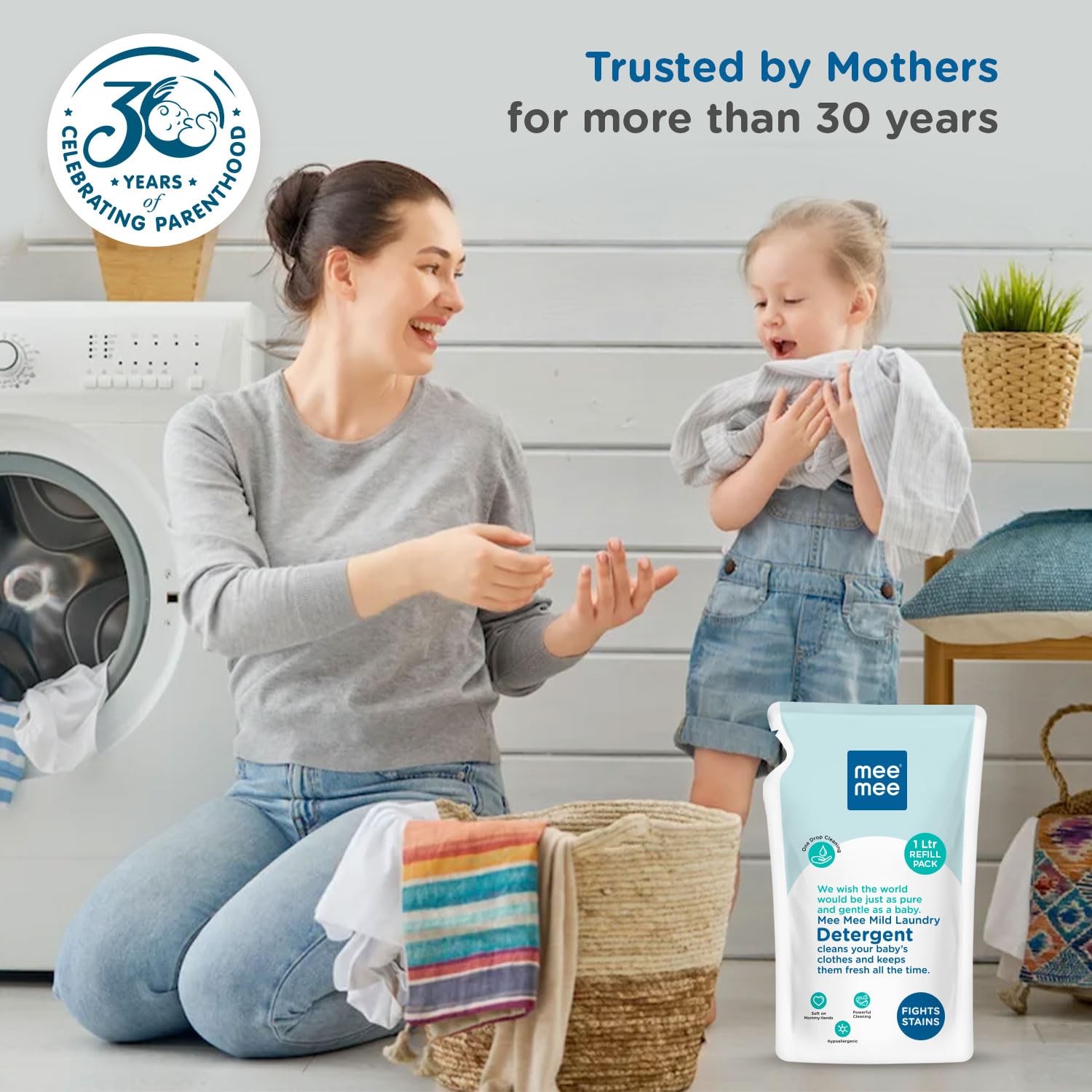 Mee Mee Baby Liquid Laundry Detergent 1L - Hypoallergenic, Ph Balanced & Chemical-Free | Gentle on Baby Skin & Mom's Hands | Antibacterial Stain & Odor Remover | Perfect for Newborn Clothes, Blankets & Sensitive Skin Care