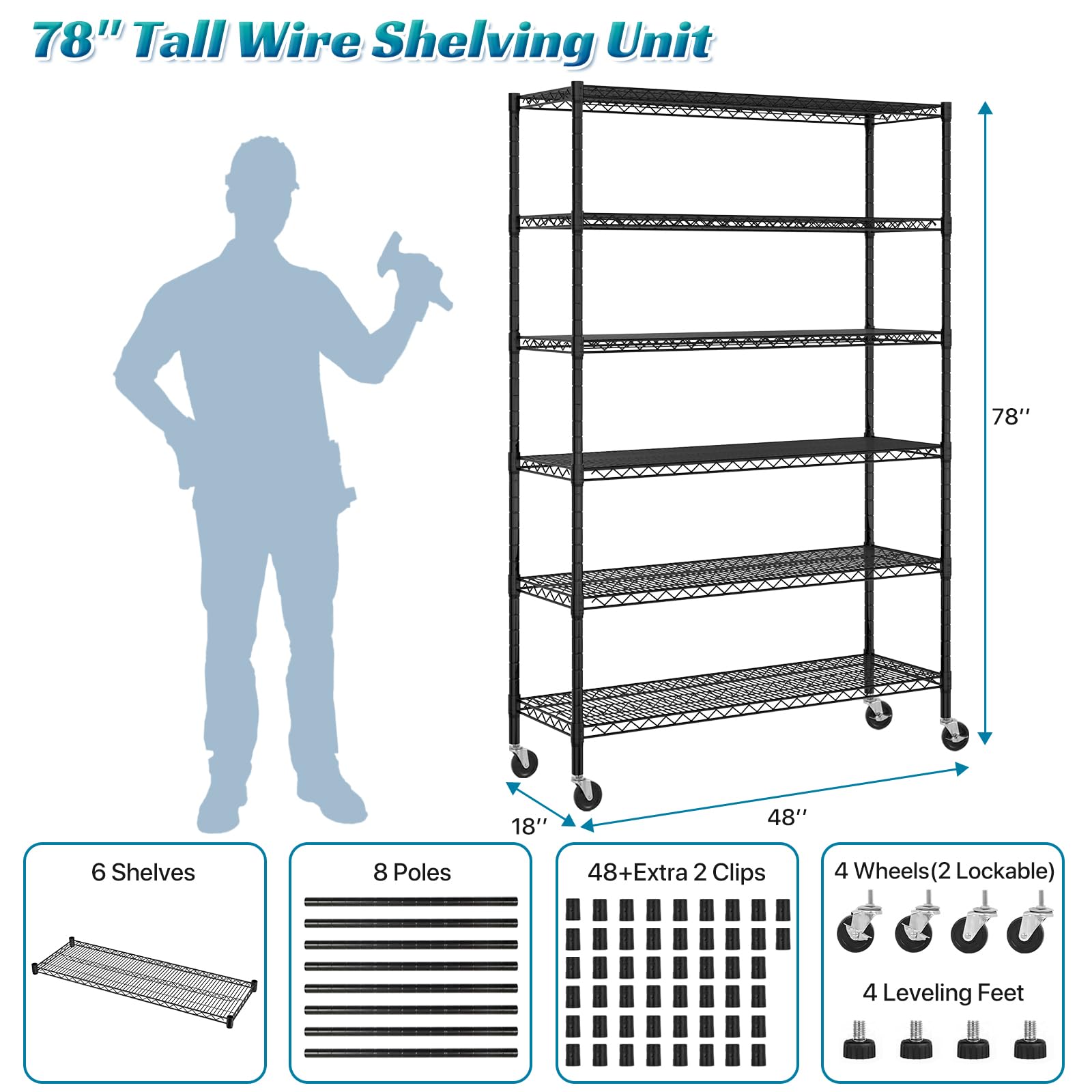 Heavy Duty 6-Tier Metal Shelving Unit with Wheels, 6000lbs Capacity NSF Commercial Grade Steel Wire Rack - Adjustable Height for Garage, Warehouse, Kitchen & Office Storage (Black)