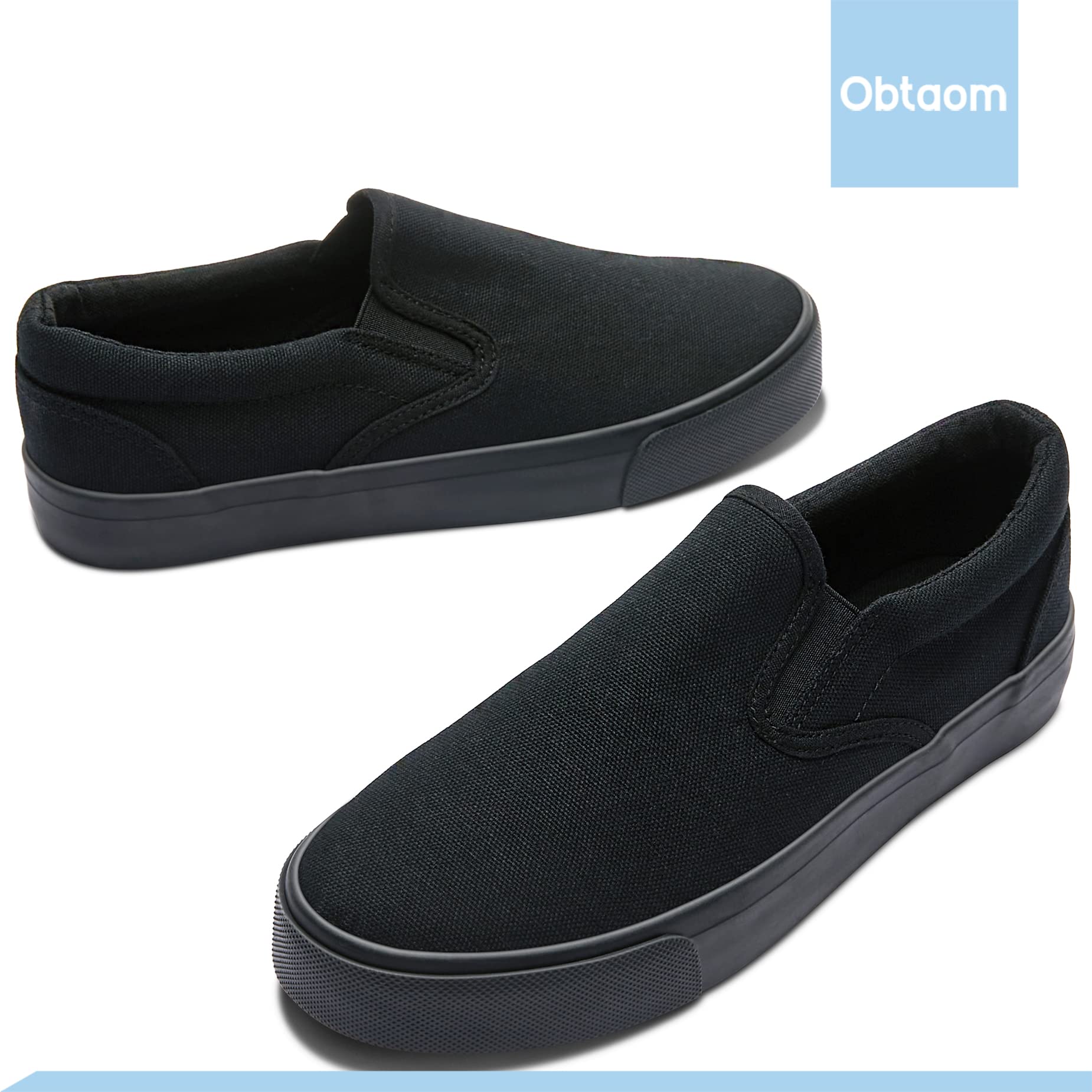 Obtaom Women's White Sneakers - Black Slip On Canvas Loafers for Women | Comfortable Low Top Casual Shoes for Walking, Work & Everyday Wear