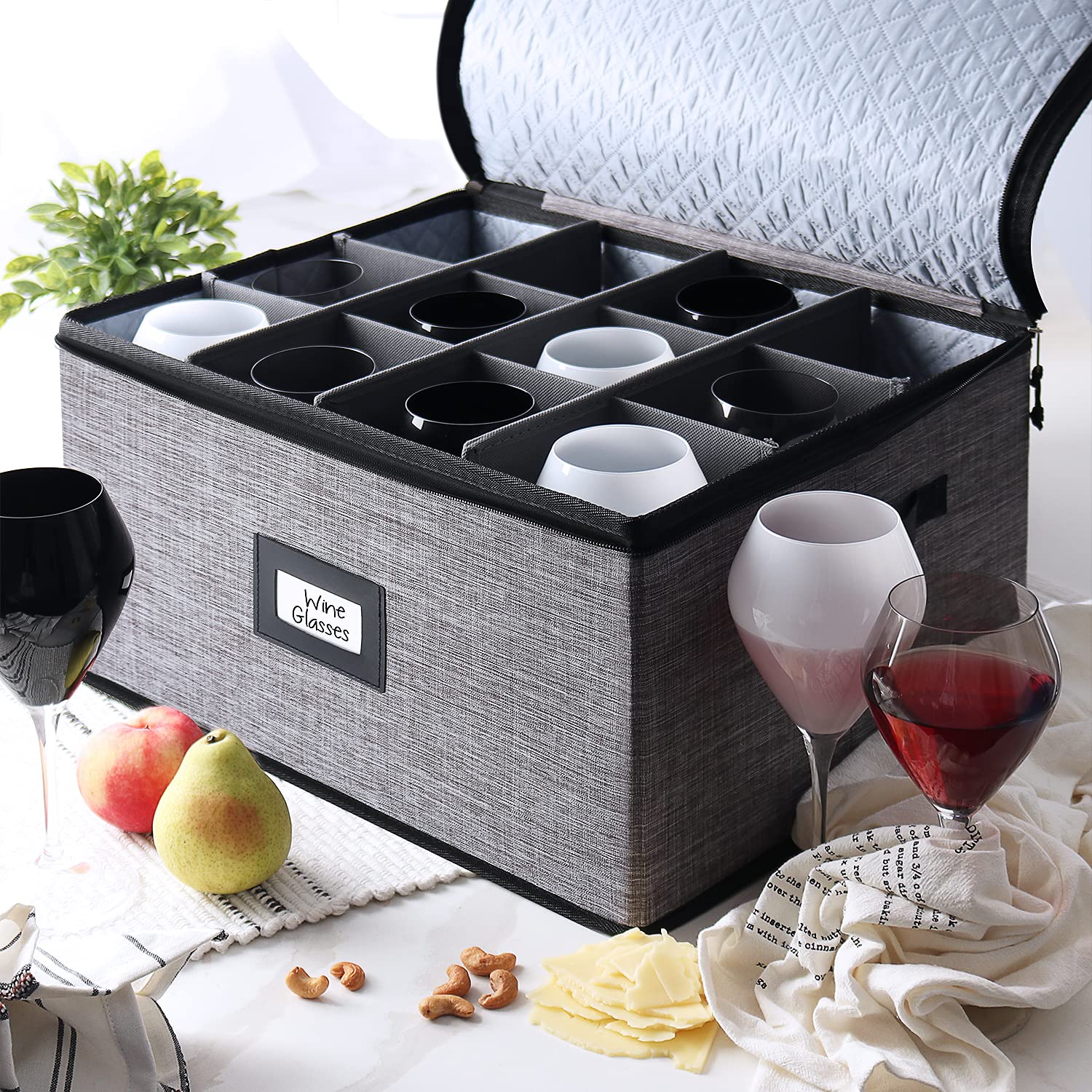 Premium 12-Piece Wine Glass Storage Box with Dividers - Quilted & Stackable Stemware Organizer for Moving, Seasonal Storage | Hard Shell China Storage Containers for Safe Transport & Home Bar Organization