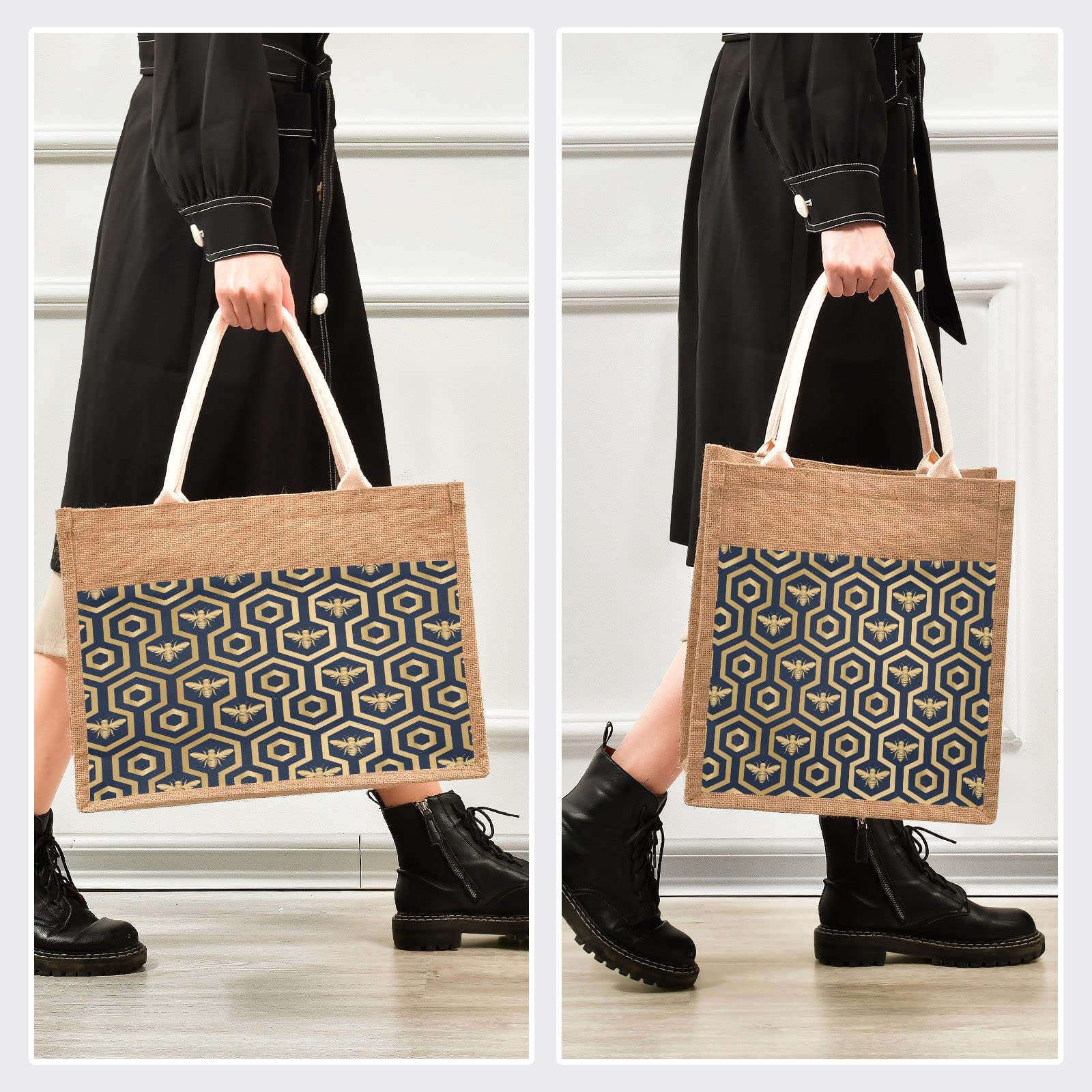 Linqin Hexagon Pattern Jute Tote Bag - Waterproof Burlap Straw Grocery Shopping Bag for Women, Eco-Friendly Beach Tote & Travel Bag - Perfect for Farmers Market, Picnic, and Summer Outings