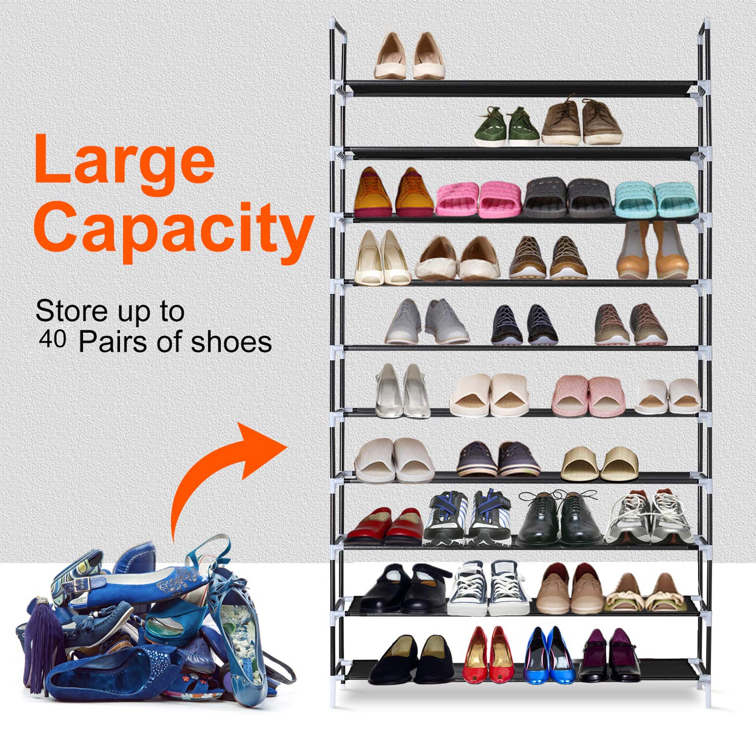ERONE 10-Tier Shoe Rack Organizer - Tall Metal Shoe Storage Cabinet for Closets & Entryway | Non-Woven Fabric Sturdy Shoe Shelf Tower | Space-Saving Home Organization Solution (Black) | Perfect for Small Apartments & Mudroom Storage