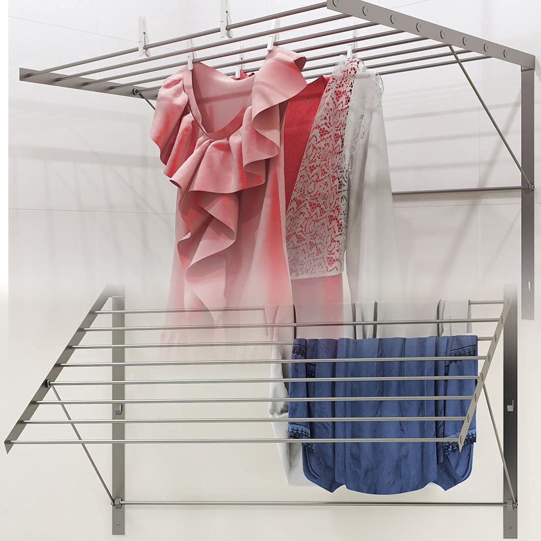 BrightMaison Wall Mount Clothes Drying Rack - Stainless Steel Laundry Organizer with 6.5 Yards Drying Capacity (Set of 2) - Space Saving Solution for Small Apartments, Bathrooms & Laundry Rooms