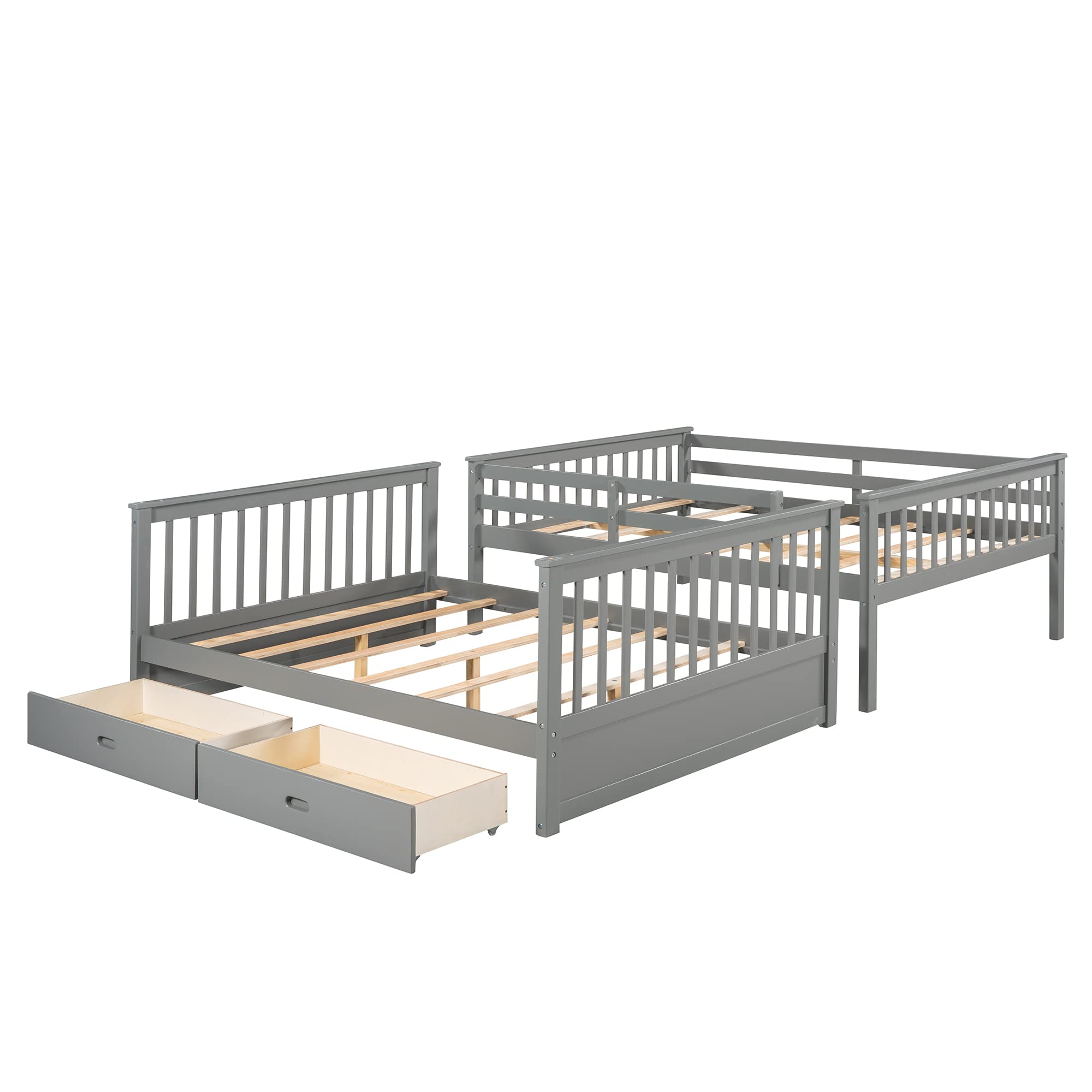P PURLOVE Full Over Full Bunk Bed with 2 Storage Drawers - Convertible Wood Bunk Bed Frame with Ladder - Splits into 2 Twin Beds for Teens, Kids, Boys & Girls - No Box Spring Needed (Gray) - Perfect for Small Bedrooms, Dorms & Shared Kids Rooms