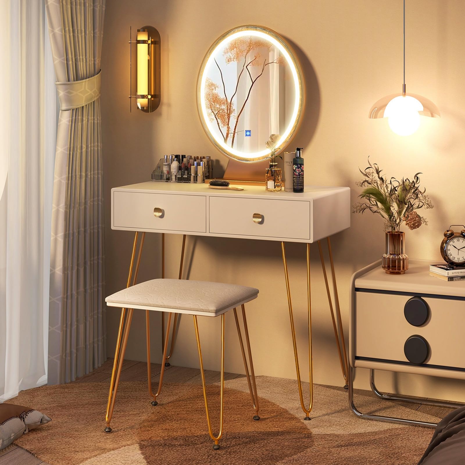 Charmaid White & Gold Makeup Vanity Table with LED Lighted Mirror, 2 Large Drawers, Adjustable 3 Lighting Modes - Modern Dressing Table with Stool for Small Spaces | Perfect for Bedroom, Dorm Room, and Apartment Makeup Station