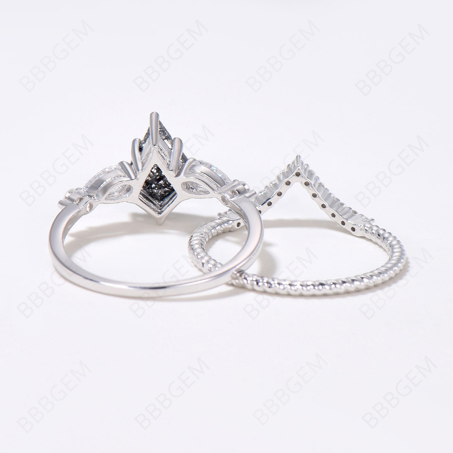 7x10mm Silver Kite Black Rutilated Quartz Moissanite Bridal Ring Set – Elegant Wedding Jewelry for Engagement & Anniversary Gifts