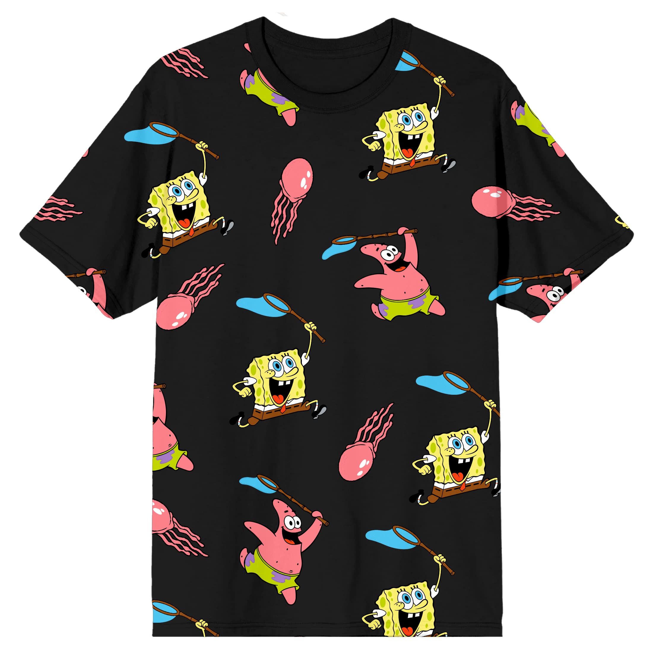 Spongebob Squarepants & Patrick Jelly Fishing Graphic T-Shirt for Men - Black Cartoon Tee - Perfect for Casual Wear, Cosplay, and Nickelodeon Fans