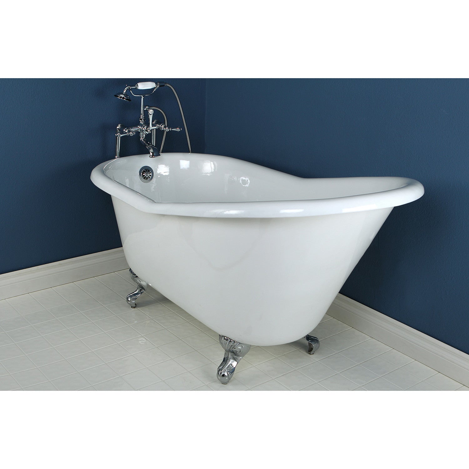 Aqua Eden 60 Inch White Cast Iron Clawfoot Bathtub - Vintage Oval Single Slipper Tub with Polished Chrome Feet (No Faucet Holes) | Perfect for Master Bathroom, Spa Retreat & Luxury Home Renovation