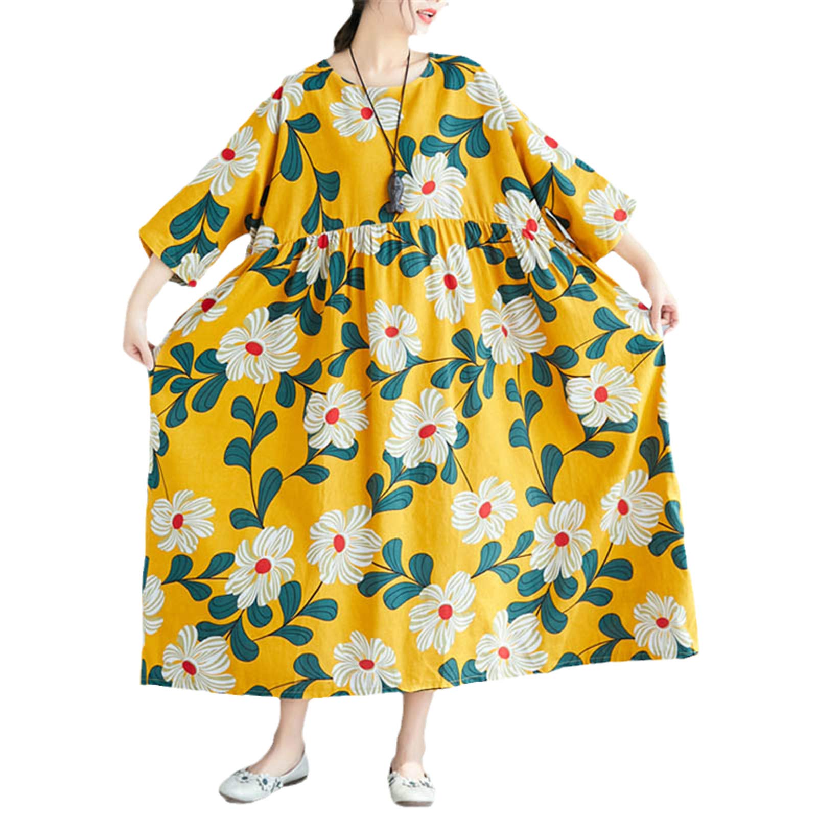 **Plus Size Floral Print Cotton Linen Dress for Women - Yellow Summer Casual Long Loose Dress with Flower Design | Perfect for Beach, Vacation & Outdoor Events**