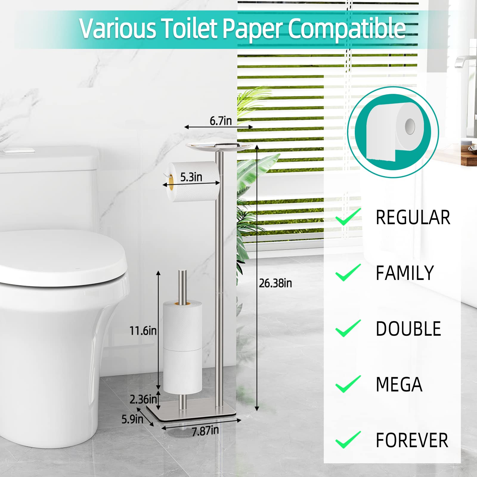 Sturdy Floor Standing Toilet Paper Holder with Storage Shelf - Holds 4 Reserve Rolls & Organizes Phone, Wipes, Wallet - Brushed Nickel Finish for Modern Bathroom Decor - Perfect for Home, Office & RV Use