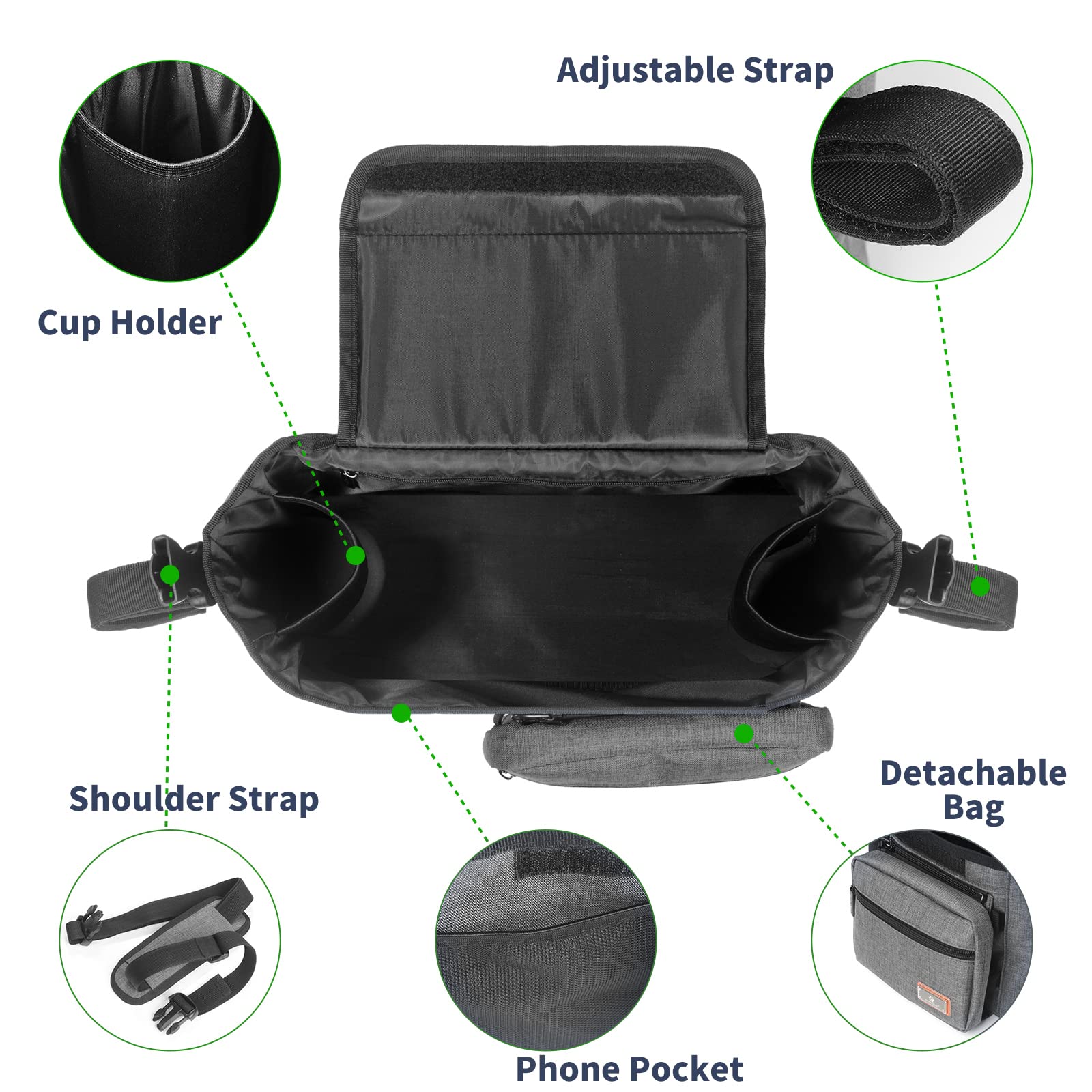 Universal Baby Stroller Organizer with Cup Holders & Detachable Storage Bag - Gray Stroller Accessories Caddy for Diapers, Phone, Keys, Toys & Snacks - Perfect for Park Outings, Shopping Trips & Family Walks