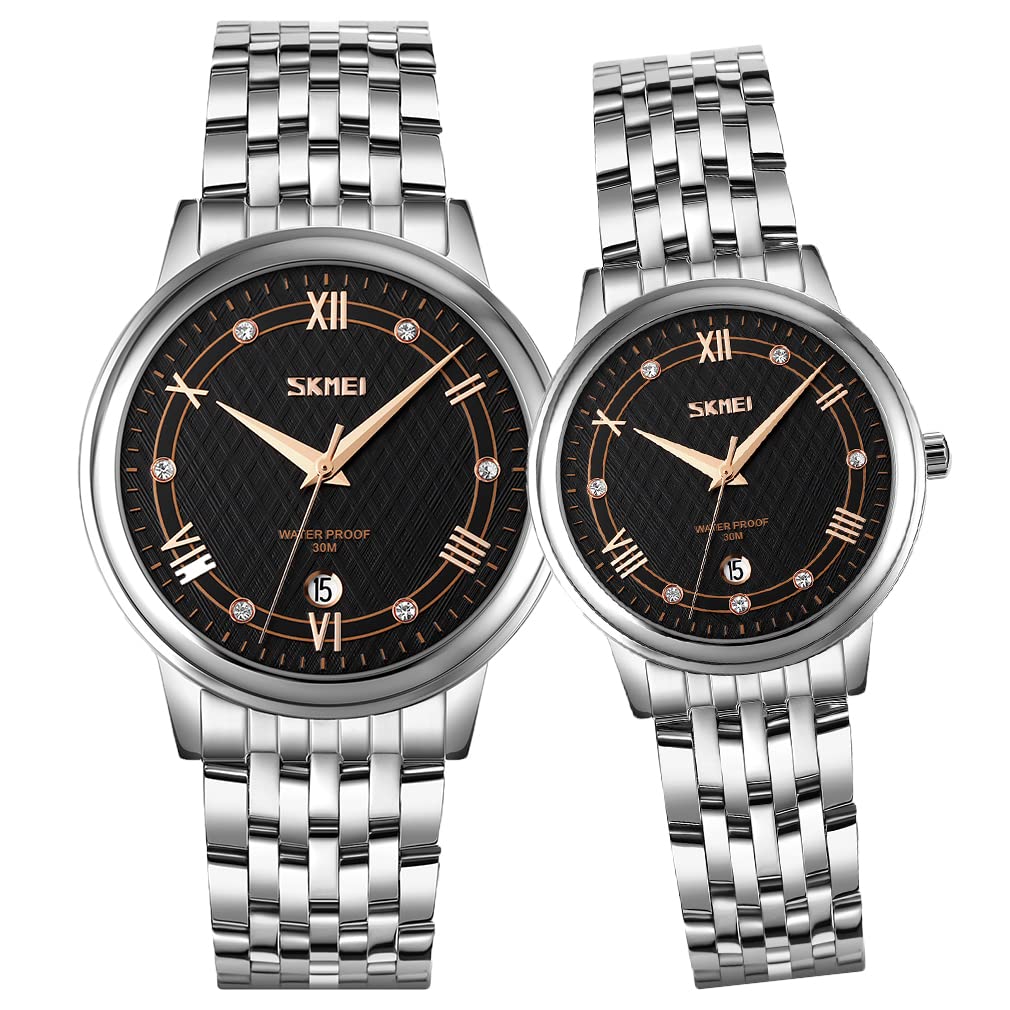 SKMEI Luxury His and Hers Matching Watches for Couples - Stainless Steel Waterproof Quartz Analog Wristwatch Set - Perfect Valentine's Day, Wedding, Anniversary & Business Gifts for Husband Wife