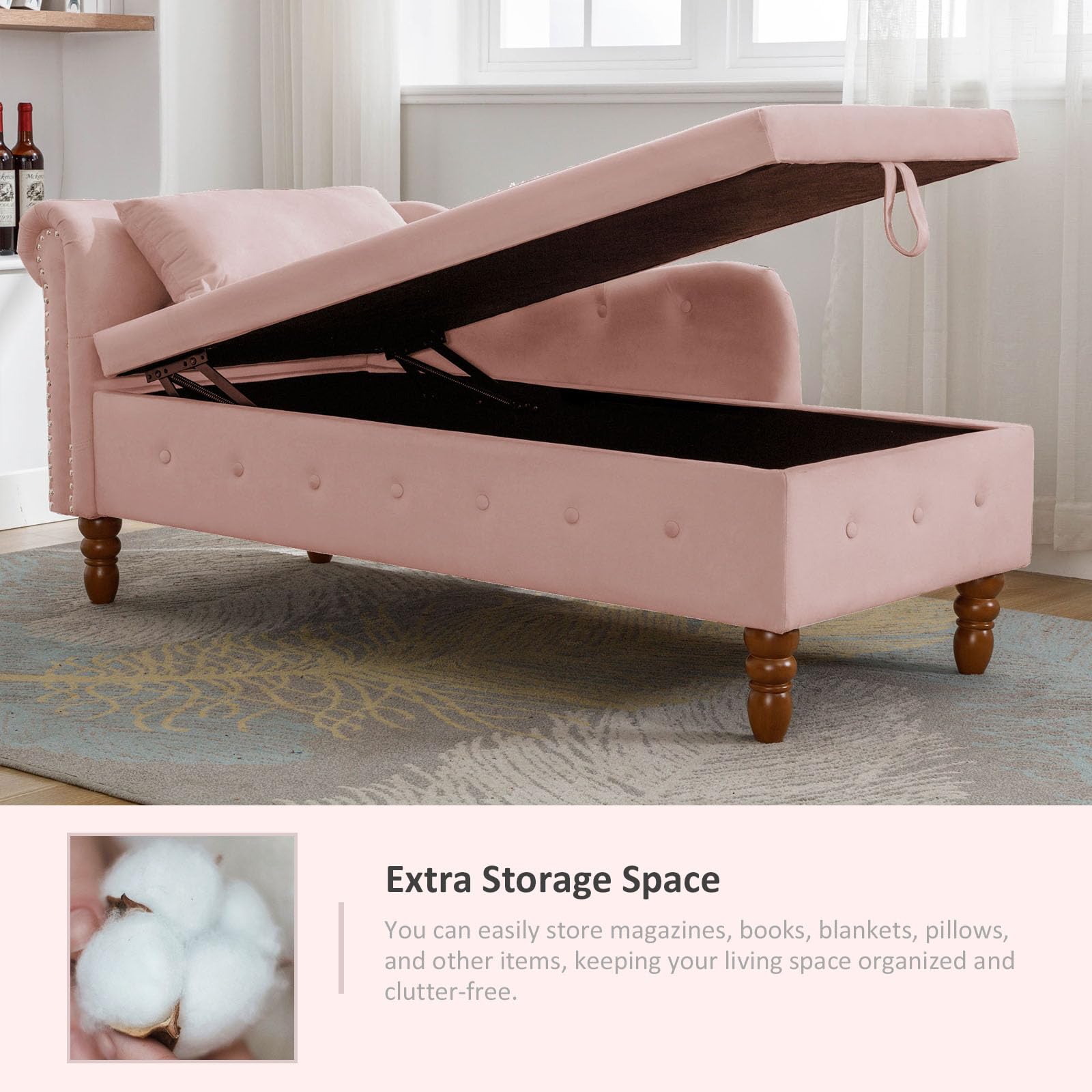 Velvet Chaise Lounge with Storage - Pink Sleeper Chair for Bedroom & Living Room