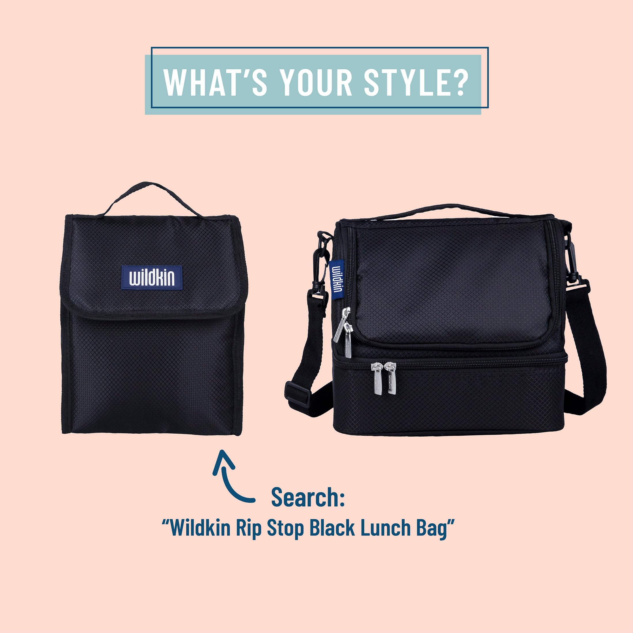 Wildkin Insulated Lunch Bag for Kids - 2 Compartment Thermal Lunch Box for School & Travel - Keeps Food Hot or Cold - Durable Rip-Stop Black Design - Perfect for Elementary Students, Picnics & Outdoor Activities