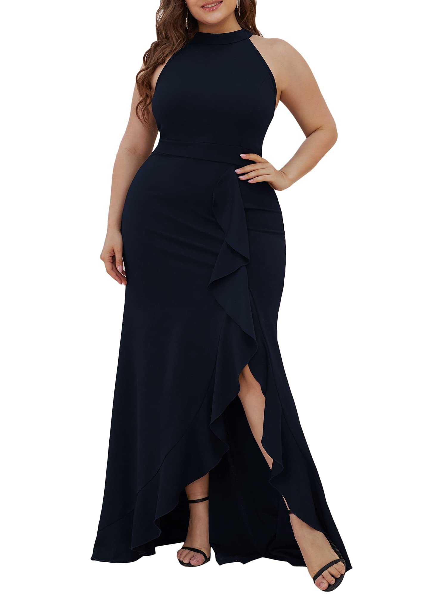 Plus Size Women's Formal Dress - Alisapan Empire Waist Elastic Mermaid Gown with Halter Neck & Split Design for Weddings, Prom & Evening Events