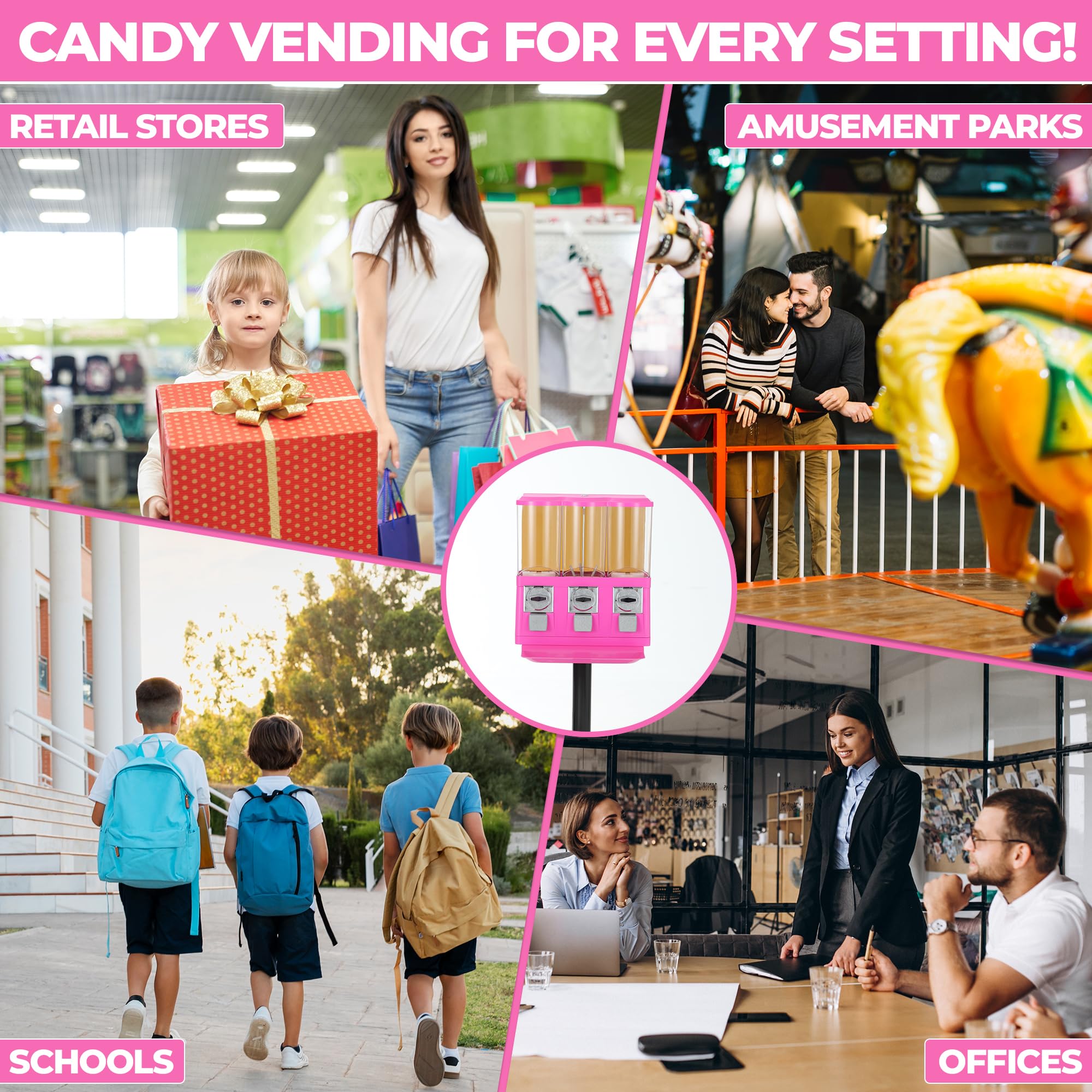 **Pink Triple Coin Operated Candy Vending Machine with Stand – Commercial & Home Use for Gumballs, Toys & Capsules – Perfect for Retail Stores, Arcades, and Home Entertainment**