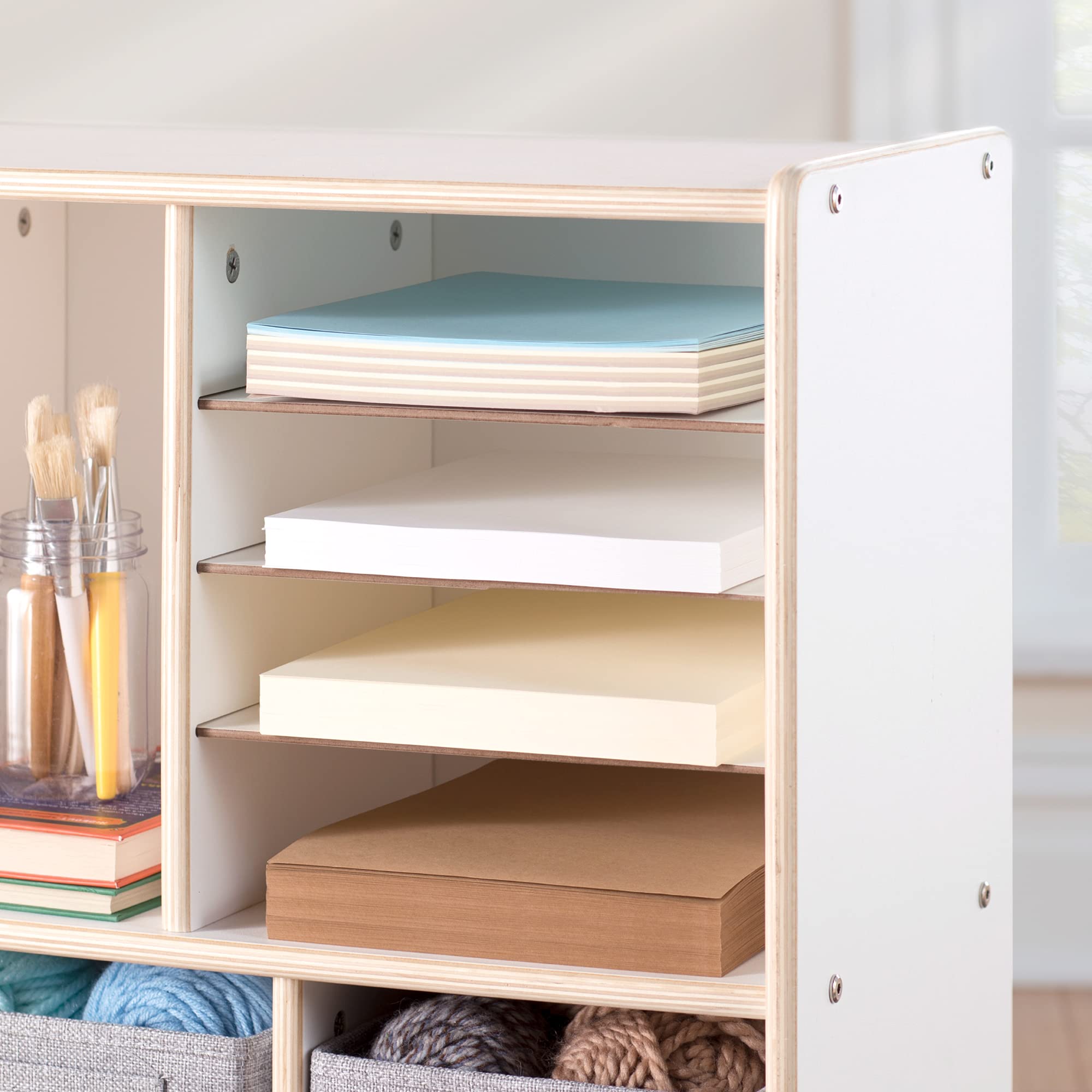 Guidecraft EdQ Shelves and 10 Bin Storage Unit - White Wooden Bookcase & Toy Organizer for Kids | Classroom, Playroom & Home Storage Solution | Books, Toys & School Supplies Organization