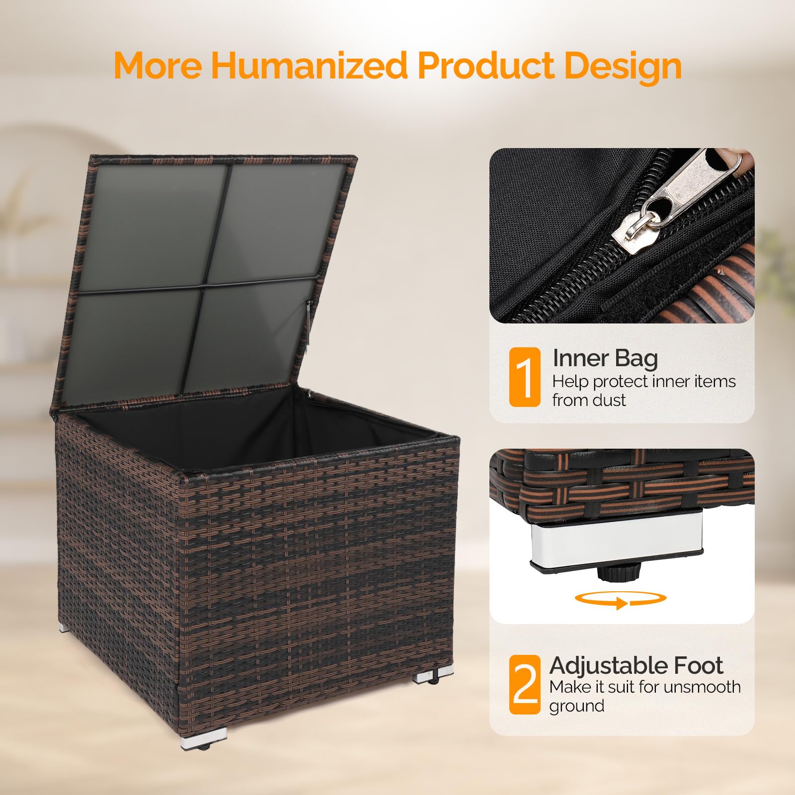 VINGLI 88 Gallon Outdoor Rattan Deck Box with Adjustable Feet - Waterproof Wicker Storage Container for Patio, Garden, Balcony, Porch, Pool & Yard - Perfect for Storing Tools, Cushions, Toys & Outdoor Supplies (Brown)