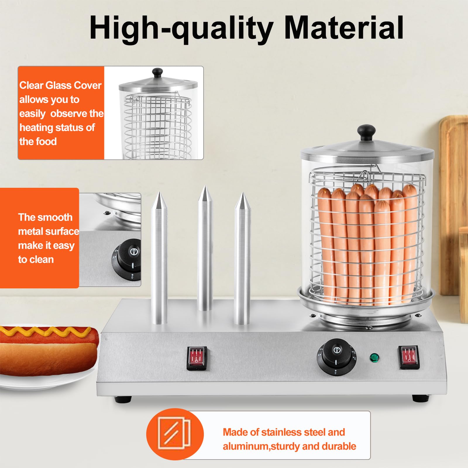 Commercial Electric Hot Dog Steamer & Bun Warmer - 110V Stainless Steel Hot Dog Machine for Hot Dogs, Sausages, Buns & Baguettes - Perfect for Restaurants, Food Trucks and Home Kitchens