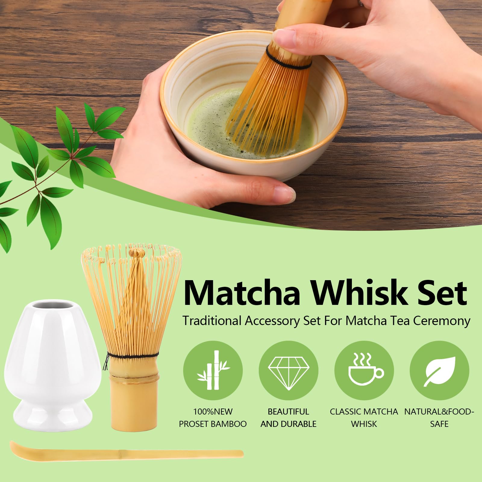Premium Matcha Whisk Set - Traditional Bamboo Chasen, Holder & Scoop for Authentic Japanese Tea Ceremony | 3-Piece Natural Bamboo Matcha Making Kit for Home, Cafe & Gift