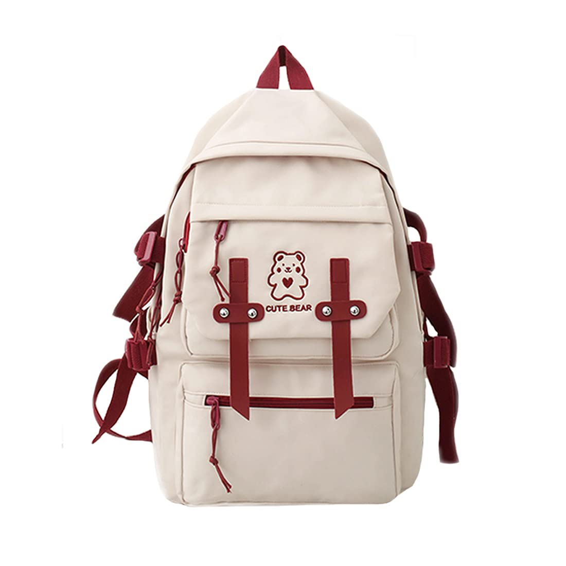 Cute Bear Embroidery Harajuku Backpack for Women - 15.6 Inch Laptop Backpack, School & Travel Bag, Creamy White with Red (11.81