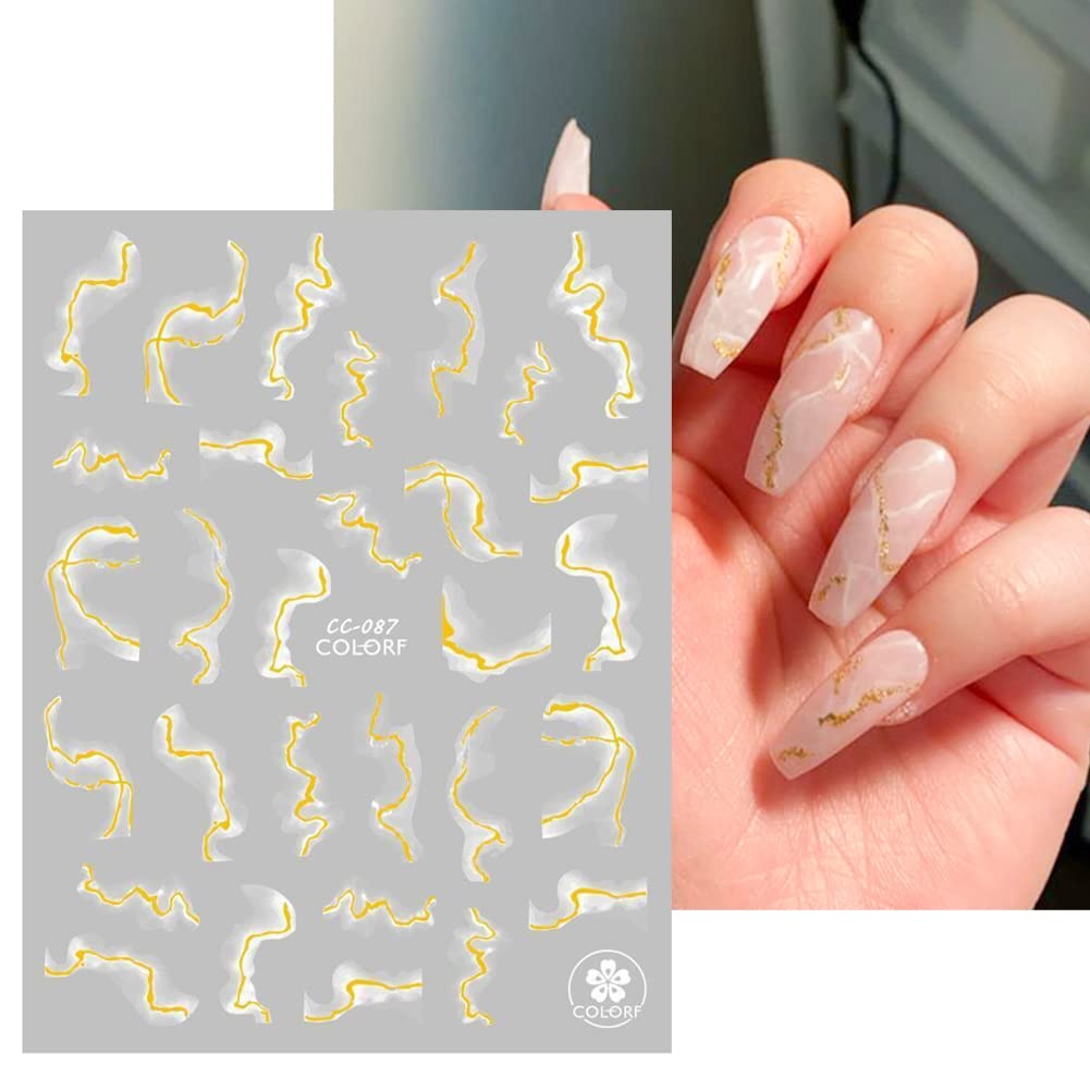 9 Sheets Bronzing French Nail Art Stickers - Gold 3D Self-Adhesive Nail Decals, Metallic Stripe Line Wavy Marble Design for Acrylic Nails, DIY Manicure Salon Decorations, Perfect for Parties Weddings Holidays