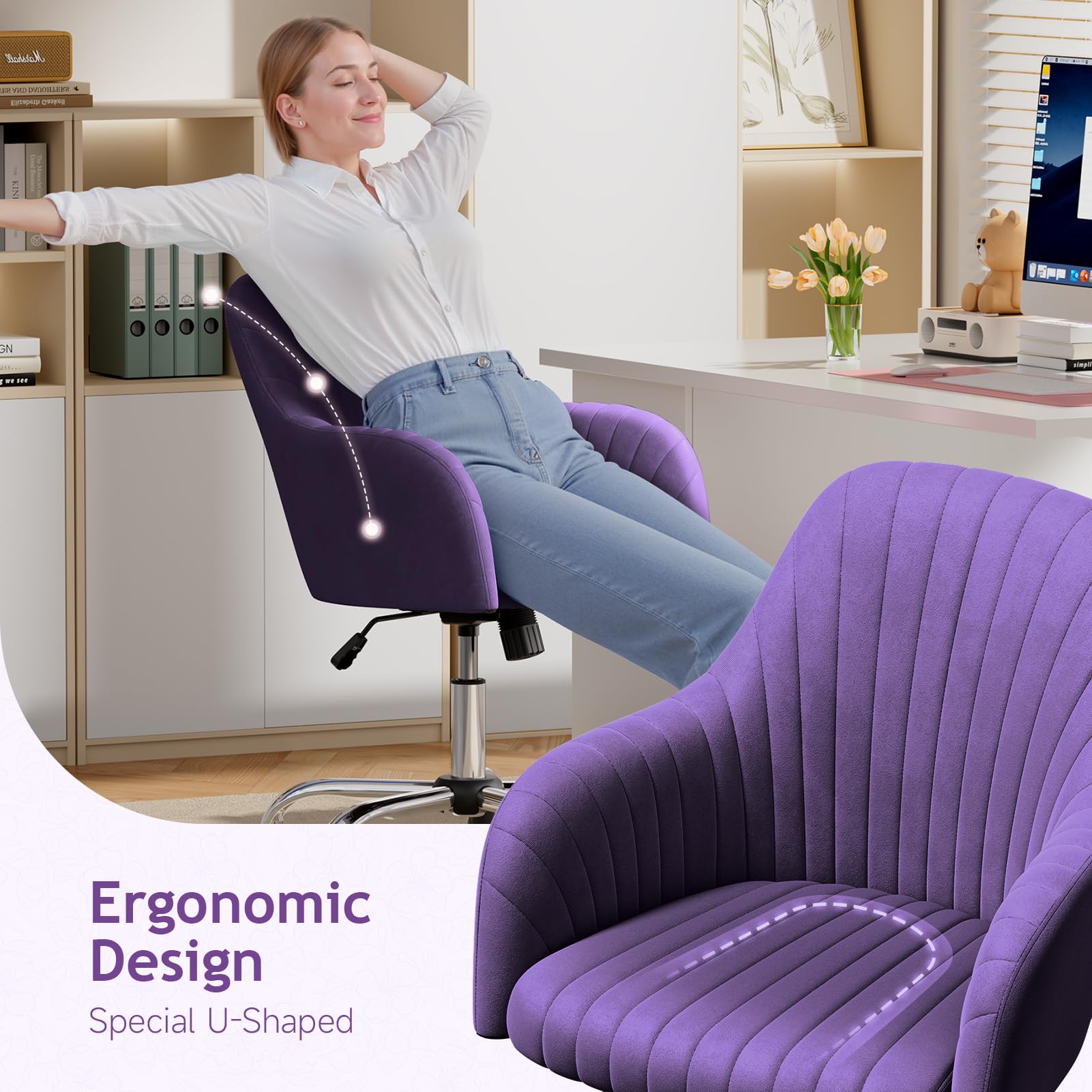 Velvet Desk Chair for Home Office - Adjustable Swivel Task Chair with Armrests, Modern Computer Vanity Chair for Bedroom, Living Room & Makeup Room (Purple) - Perfect for Remote Work, Gaming & Study Sessions