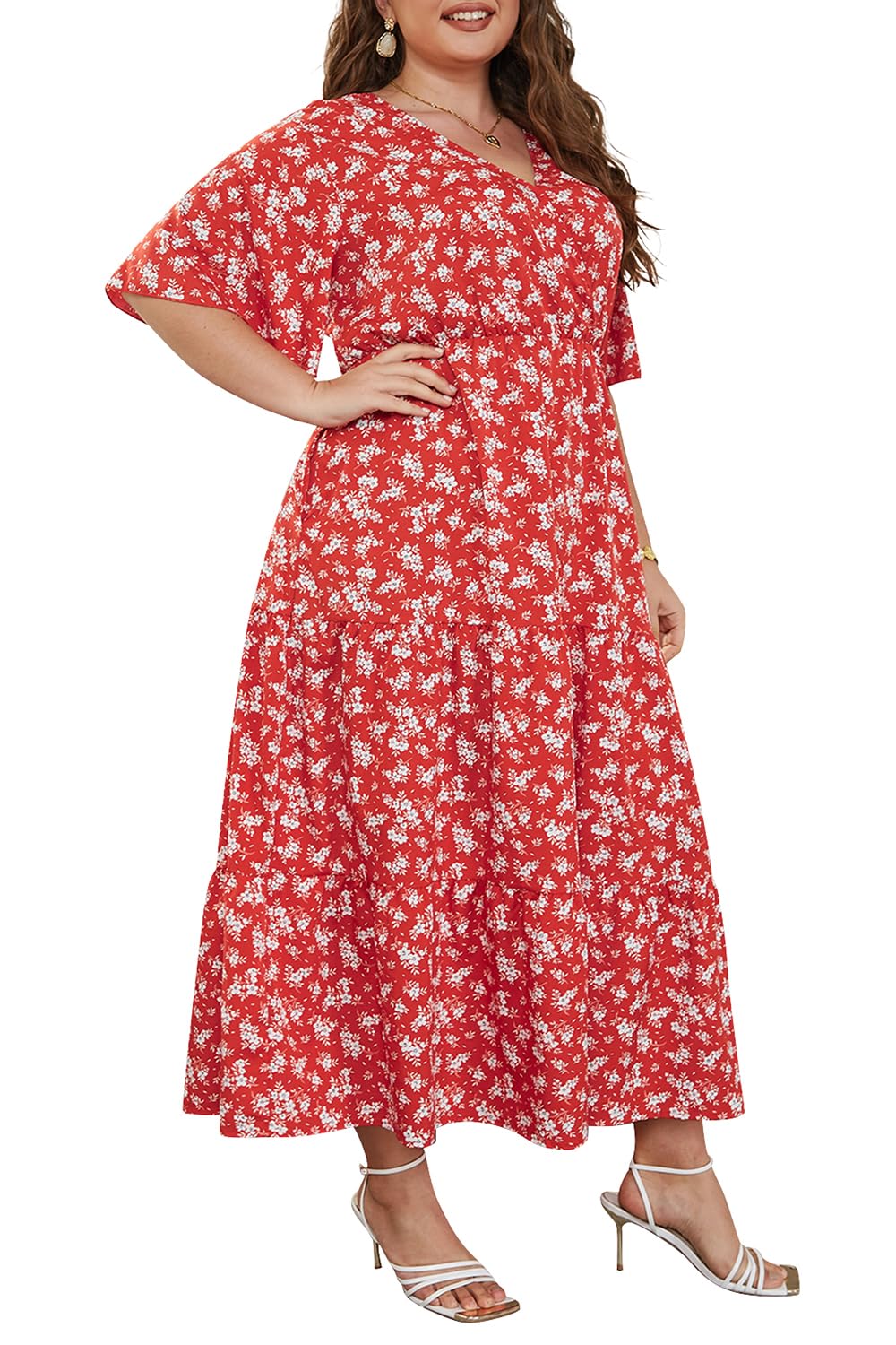 Keluummi Plus Size Wedding Guest Dress for Women - Summer Casual Boho Floral Maxi Dress with 3/4 Sleeves & Empire Waist Pocket | Perfect for Garden Weddings, Beach Parties & Summer Vacations