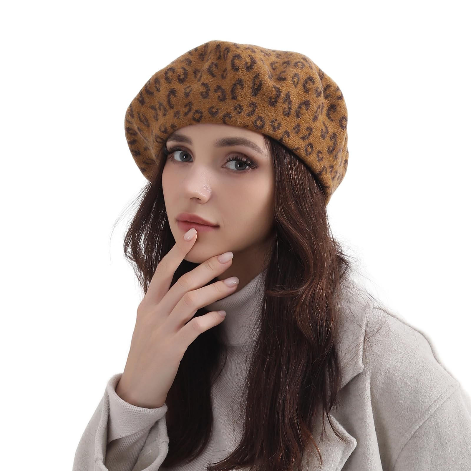 Classic Wool Leopard Print Beret Hat for Women & Men - French Painter Style Winter Warm Hat for Fashion & Outdoor Activities