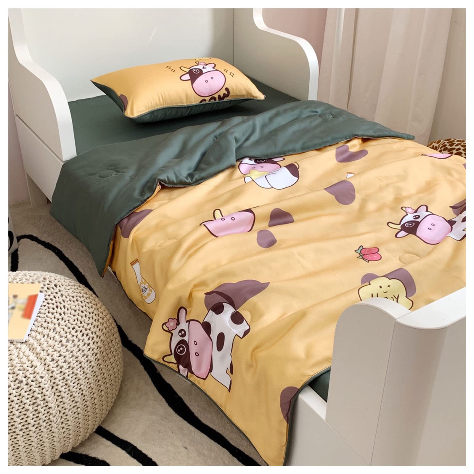 Little Cow Cartoon Printed 80s Tencel Summer Quilt Set for Kids - 3-Piece Air Conditioner Blanket, Ice Silk Cooling Bedding (120x150cm) - Perfect for Summer Nights, Nursery Decor & Air-Conditioned Rooms