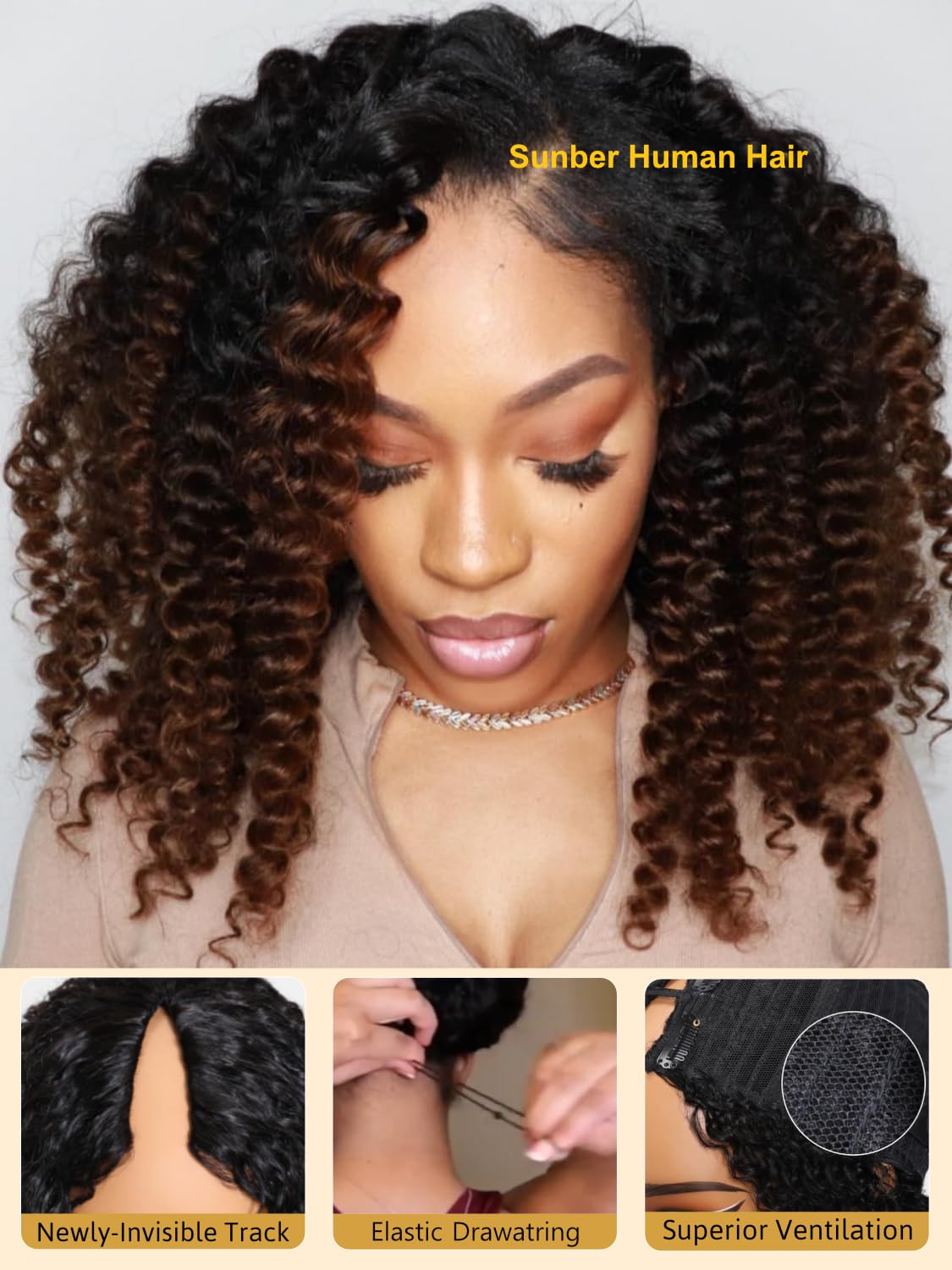 Sunber EasiContour V Part Human Hair Wig - Ombre Chestnut Brown Curly Glueless Wig | 180% Density No Sew-in V-Shape Clip | Beginner Friendly 16 Inch Ready-to-Wear Wig for Daily Use & Special Occasions