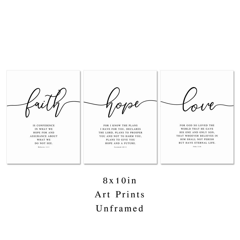 Set of 3 Faith Hope Love Bible Verse Art Prints - 8x10 Inch Unframed Christian Wall Decor for Bedroom, Living Room & Office - Inspirational Scripture Quotes for Home, Church & Gift Giving