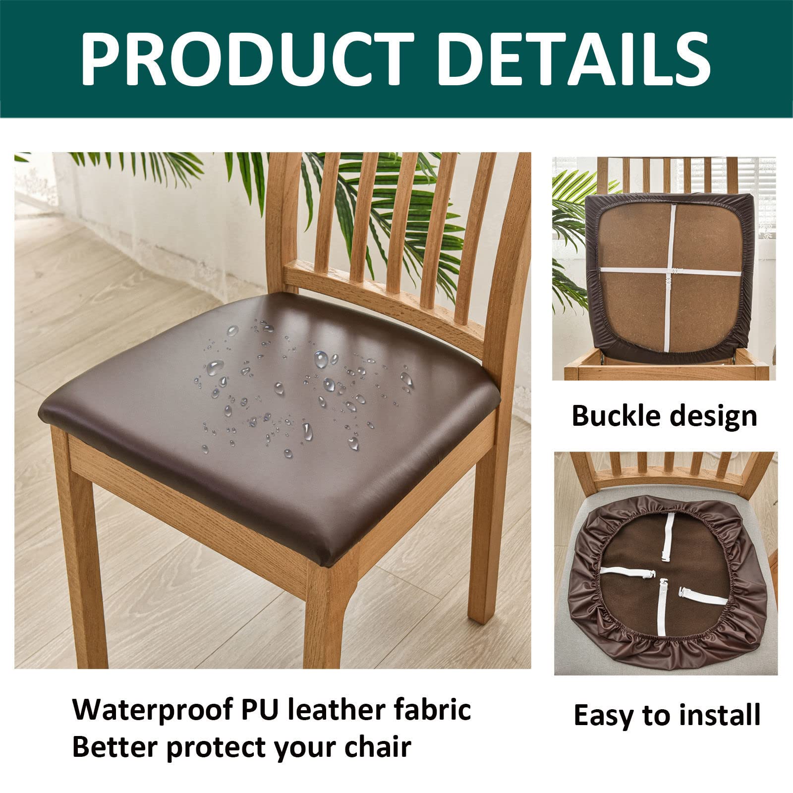 Waterproof Stretch PU Leather Dining Chair Covers - 2 Pack, Removable & Washable Seat Protectors for Kitchen, Dining Room, Coffee Shop & Office Use