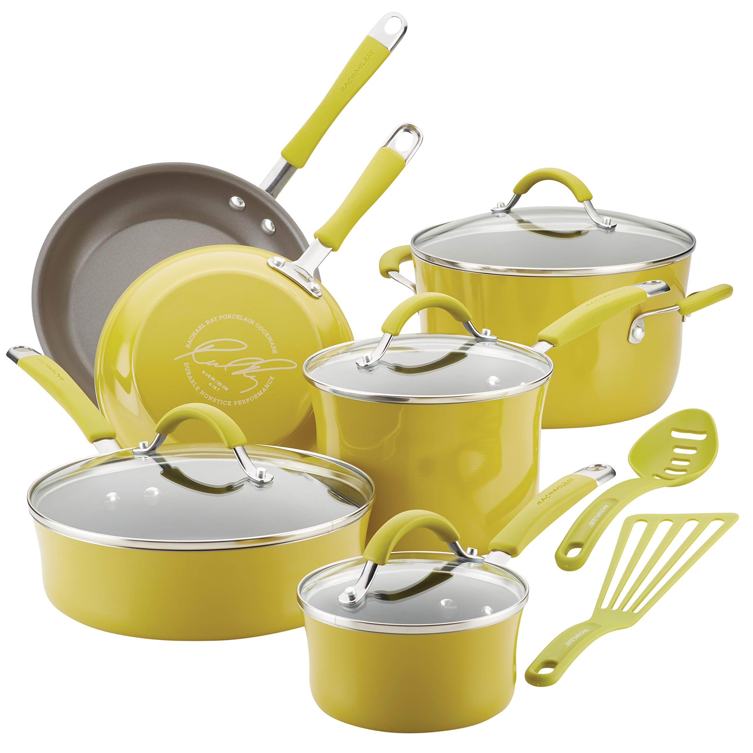 Rachael Ray Cucina Nonstick Cookware Pots and Pans Set - 12-Piece Kitchen Cookware Set in Lemongrass Green | Durable Nonstick Coating for Easy Cooking & Cleaning | Perfect for Sautéing, Frying, Baking & Everyday Meal Prep