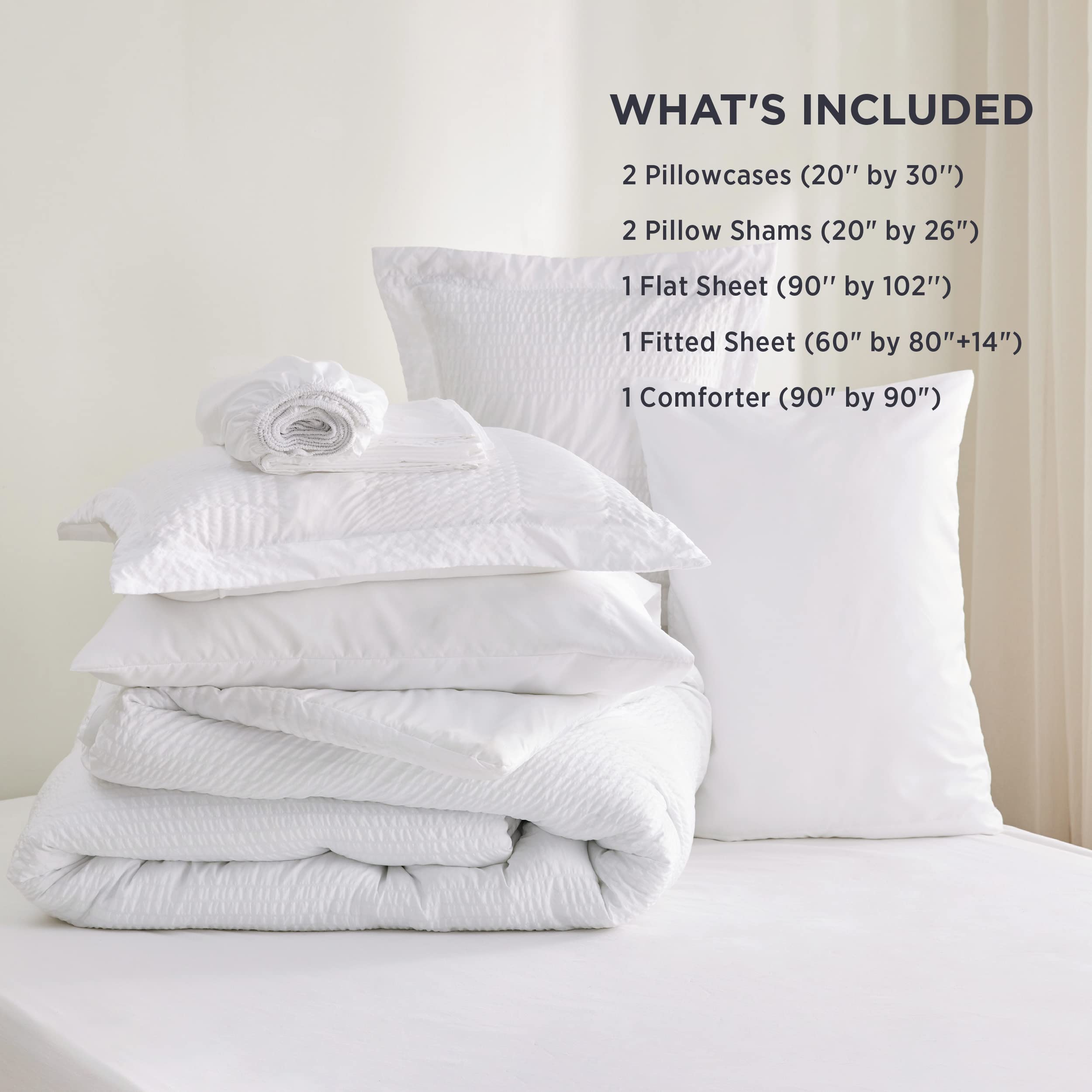 Bedsure White Queen Comforter Set - 7 Piece Striped Seersucker Bedding Set with Soft Lightweight Down Alternative Comforter | Bed in a Bag | Perfect for Guest Rooms, Dormitories & Cozy Home Decor