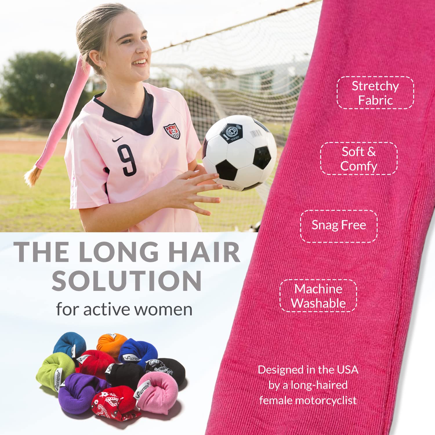 Pink Sports & Motorcycle Ponytail Wrap - Hair Protector for Riding, Workout & Outdoor Activities